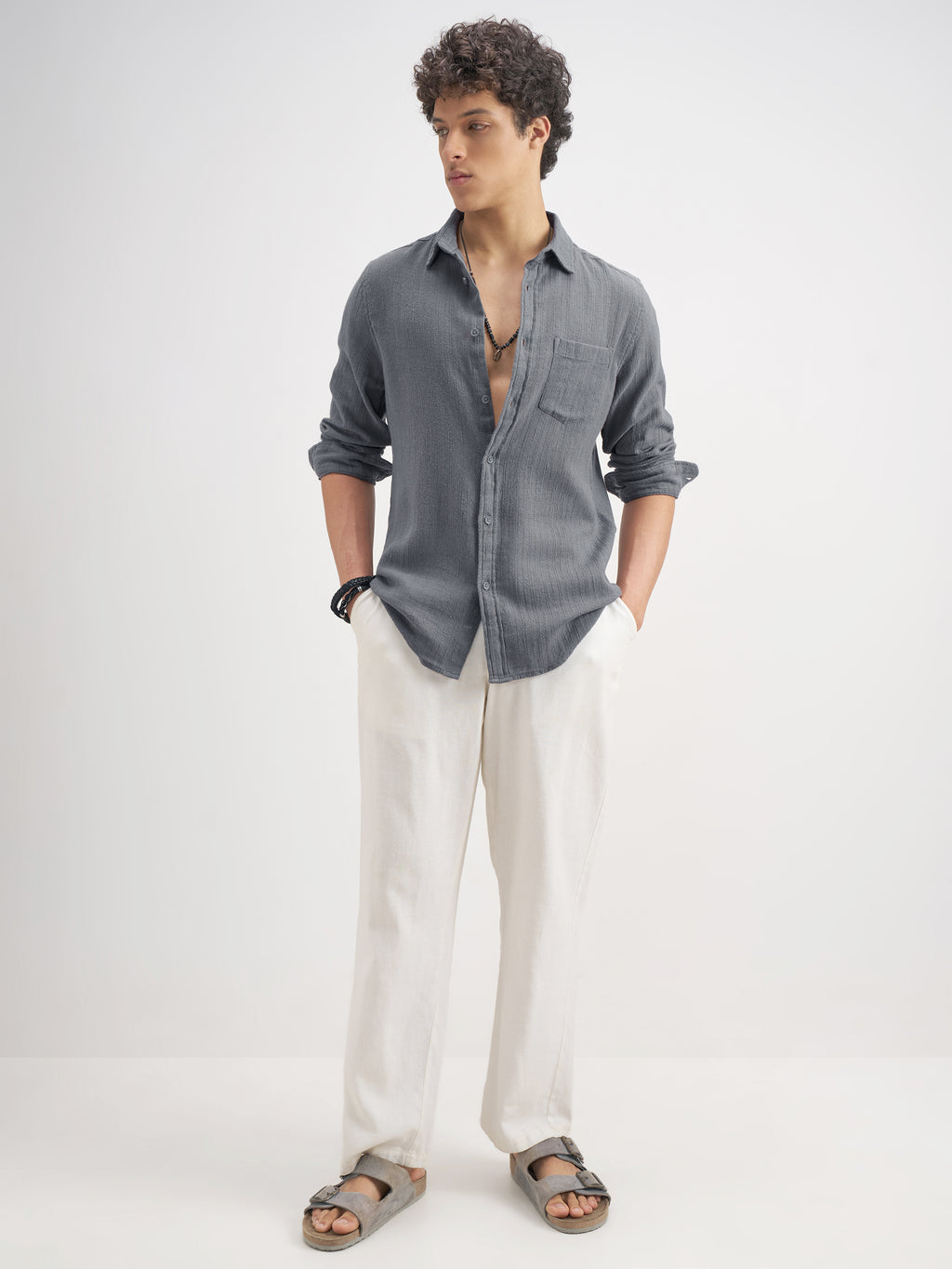 Highlander Men Grey Self Design Relaxed Fit Casual Shirt - Grey - Image 2