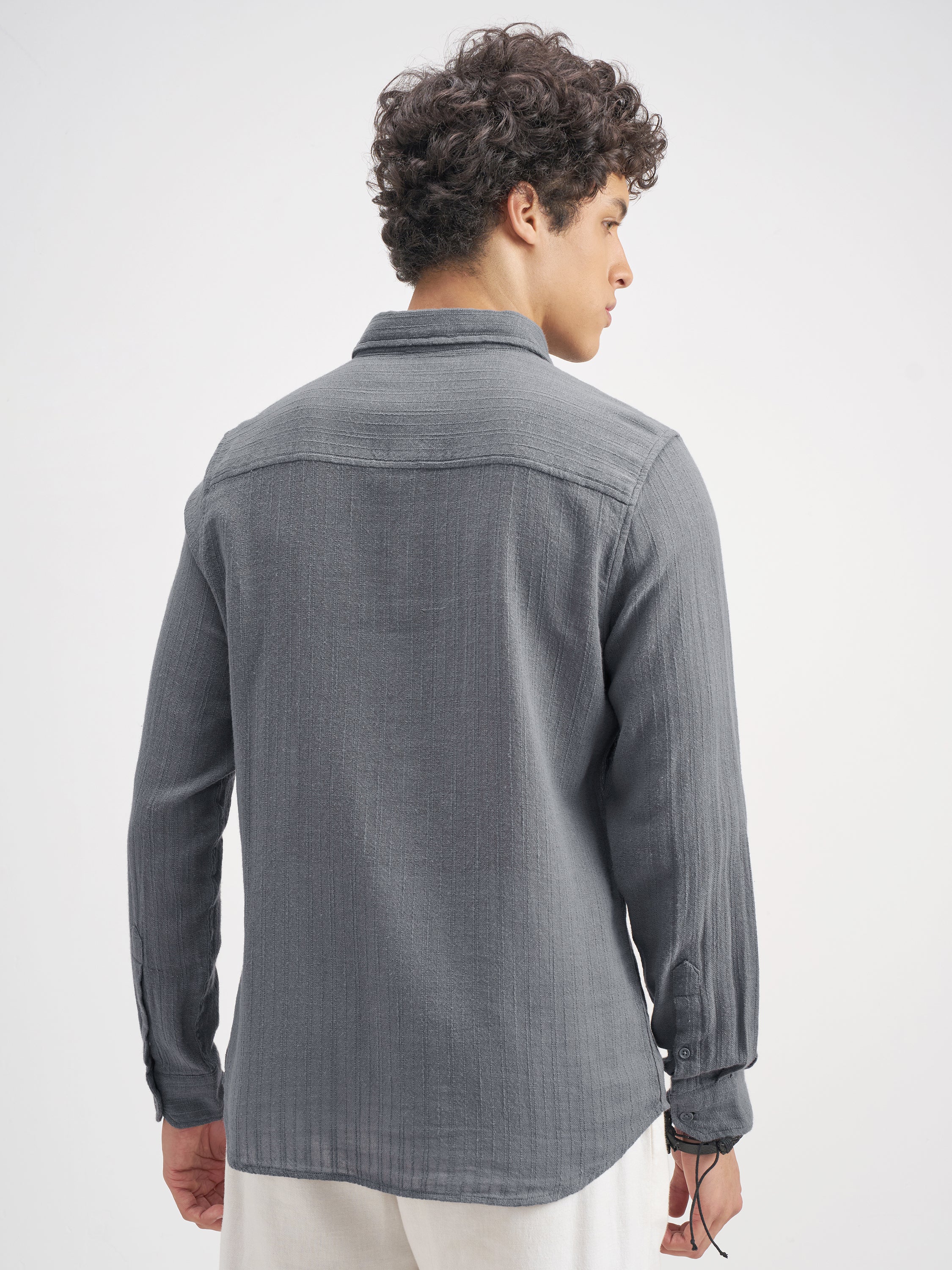 Highlander Men Grey Self Design Relaxed Fit Casual Shirt - Grey - Image 3