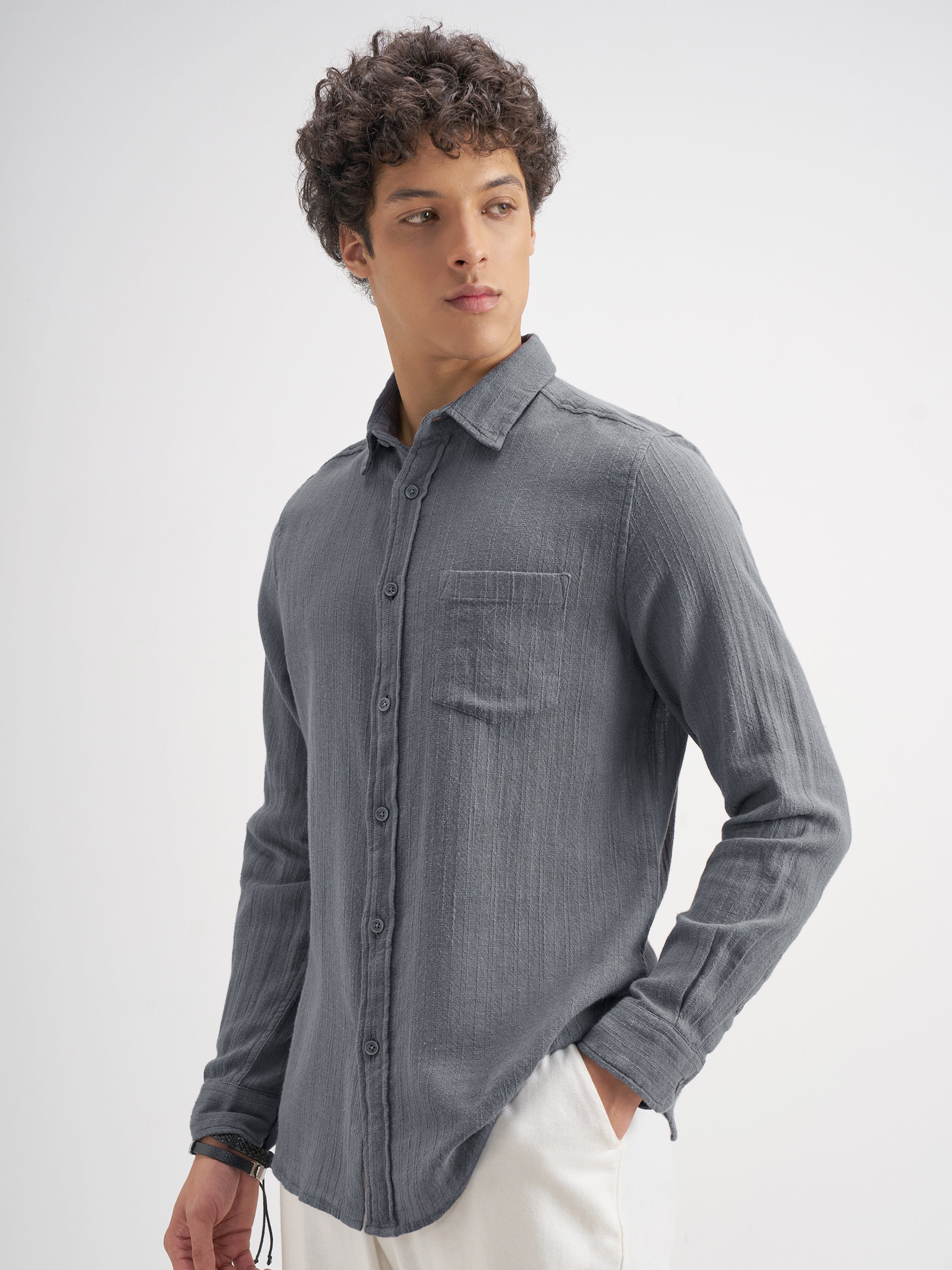 Highlander Men Grey Self Design Relaxed Fit Casual Shirt - Grey - Image 4