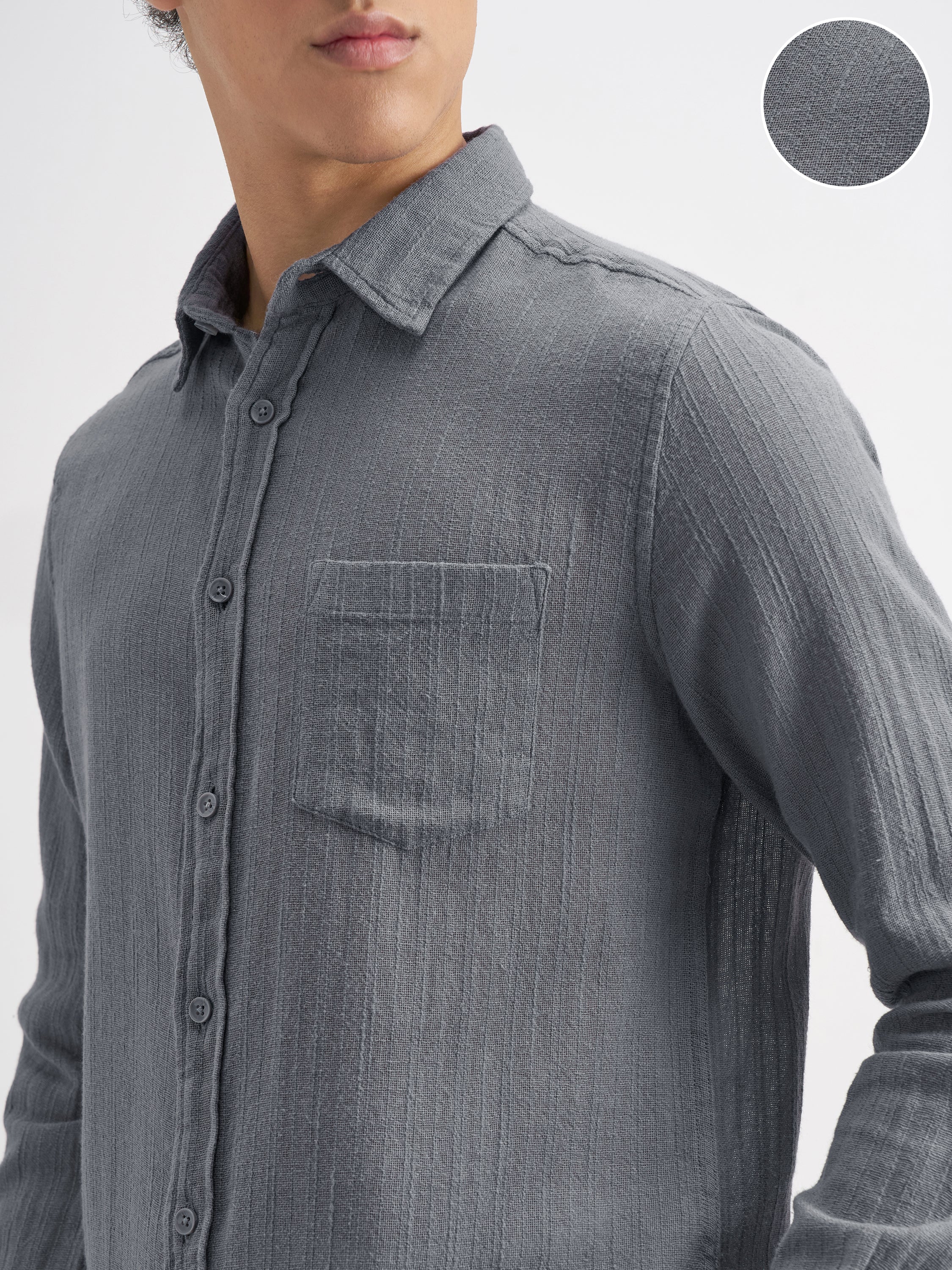 Highlander Men Grey Self Design Relaxed Fit Casual Shirt - Grey - Image 5