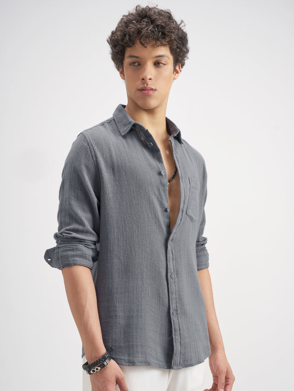 Highlander Men Grey Self Design Relaxed Fit Casual Shirt - Grey - Image 6