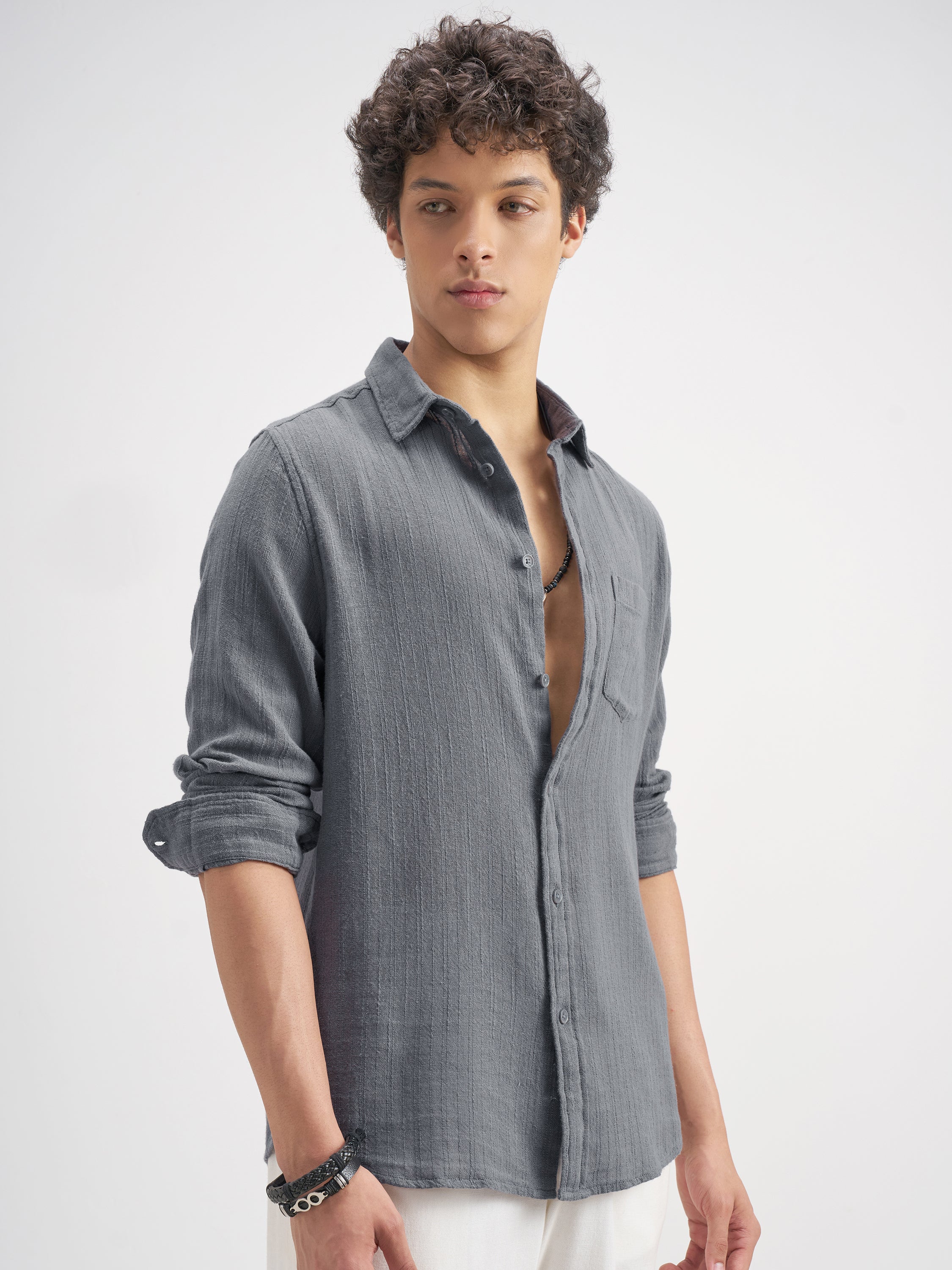 Highlander Men Grey Self Design Relaxed Fit Casual Shirt - Grey - Image 6