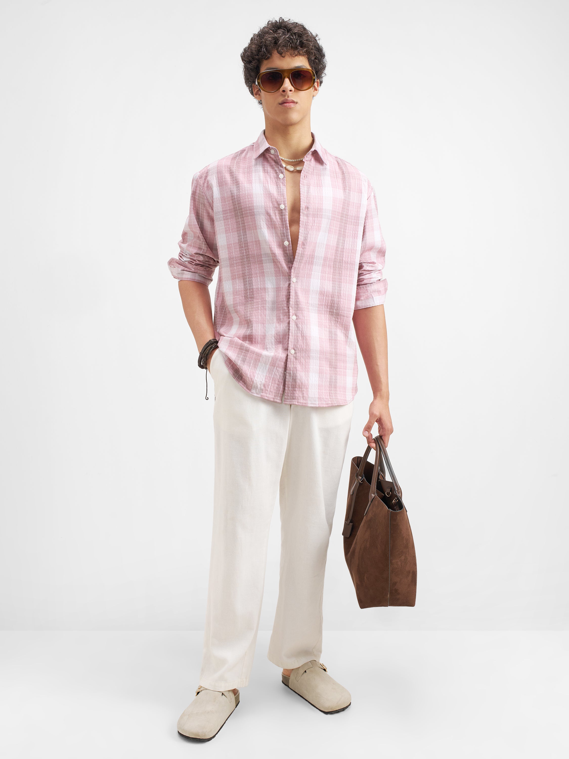 Highlander Men Pink Checked Relaxed Fit Casual Shirt - Pink - Image 2