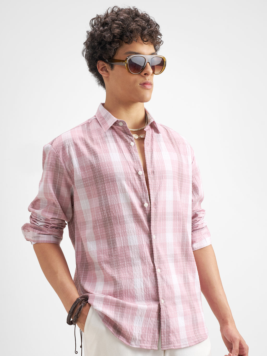 Highlander Men Pink Checked Relaxed Fit Casual Shirt - Pink - Image 6