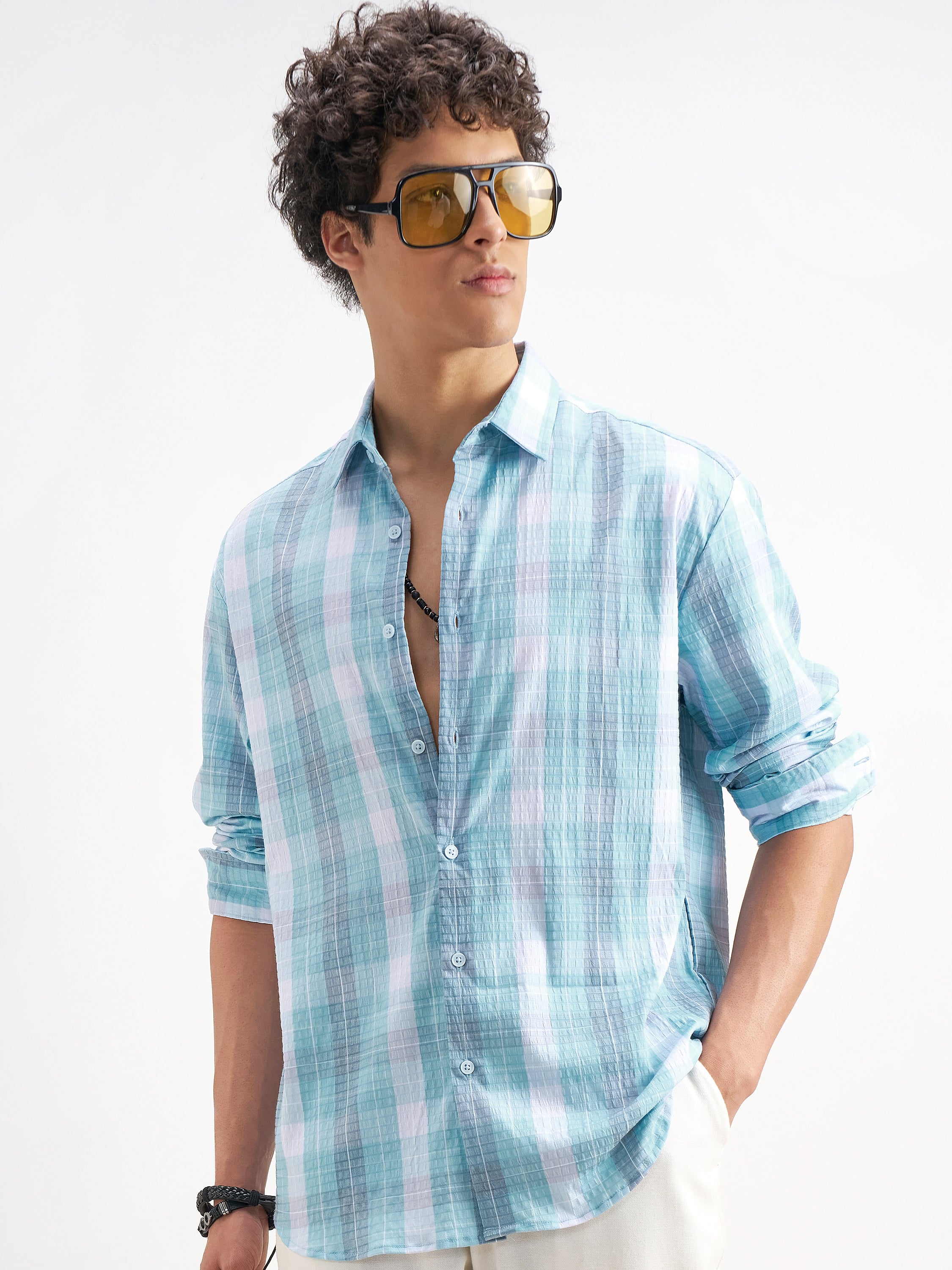 Highlander Men Blue Checked Relaxed Fit Casual Shirt - Blue - Image 1