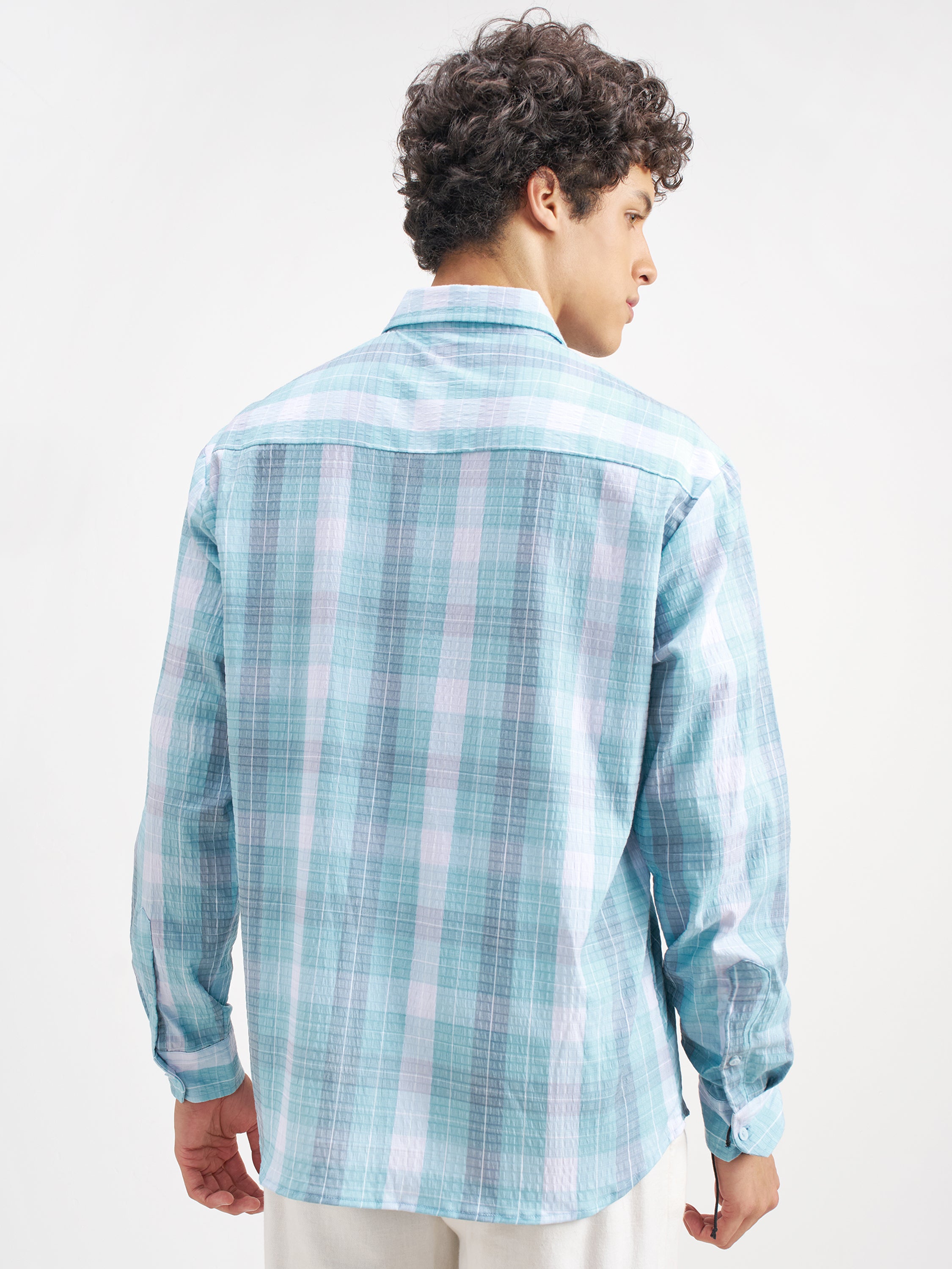 Highlander Men Blue Checked Relaxed Fit Casual Shirt - Blue - Image 3