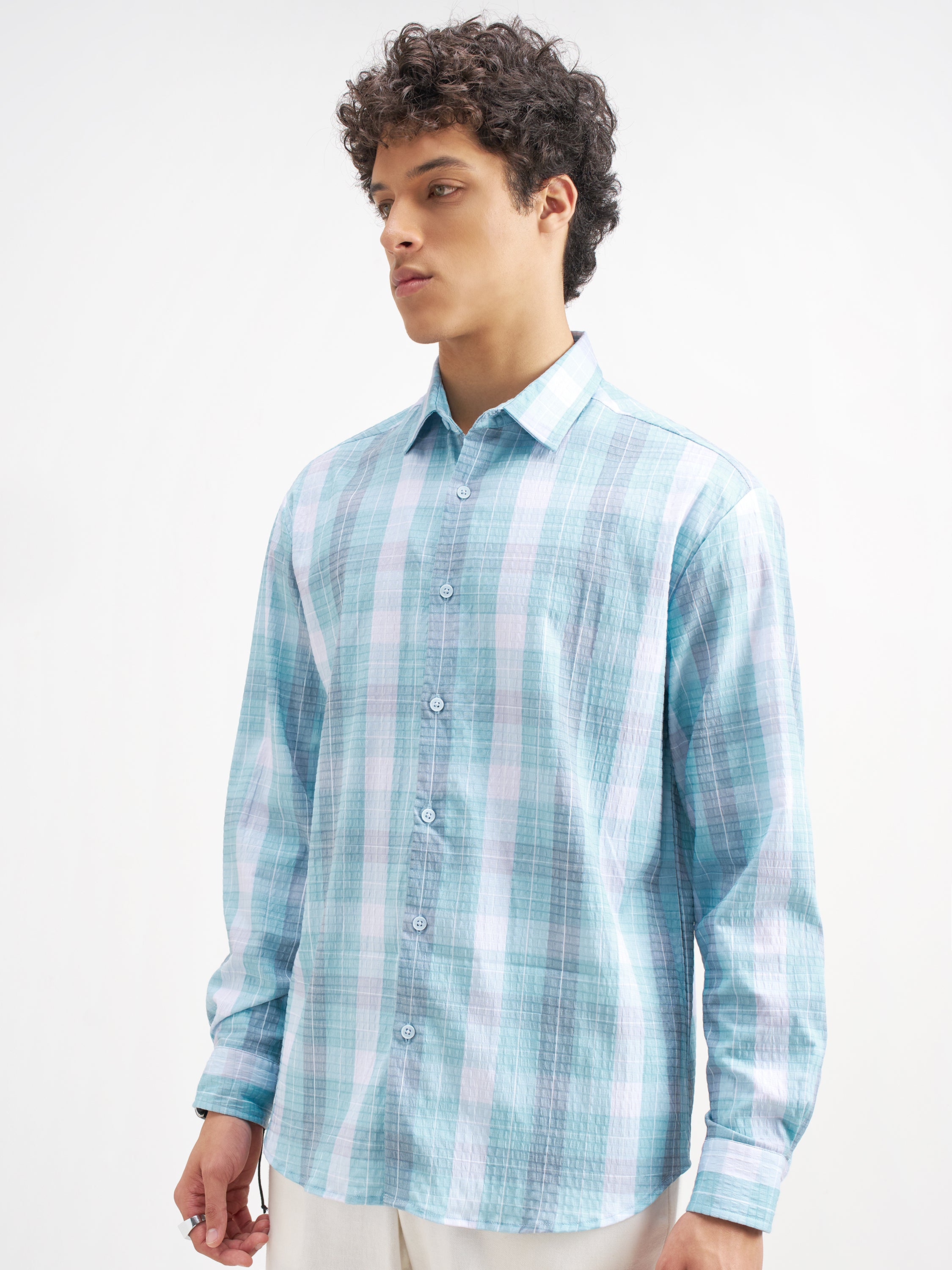 Highlander Men Blue Checked Relaxed Fit Casual Shirt - Blue - Image 4