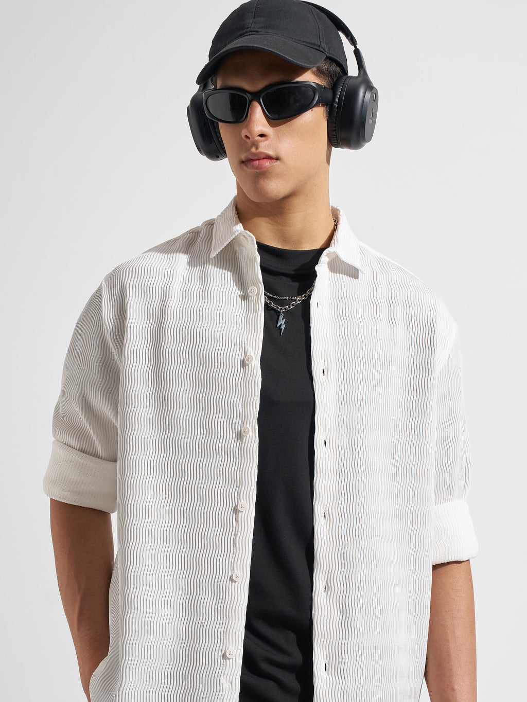 Highlander Men White Self Design Relaxed Fit Casual Shirt