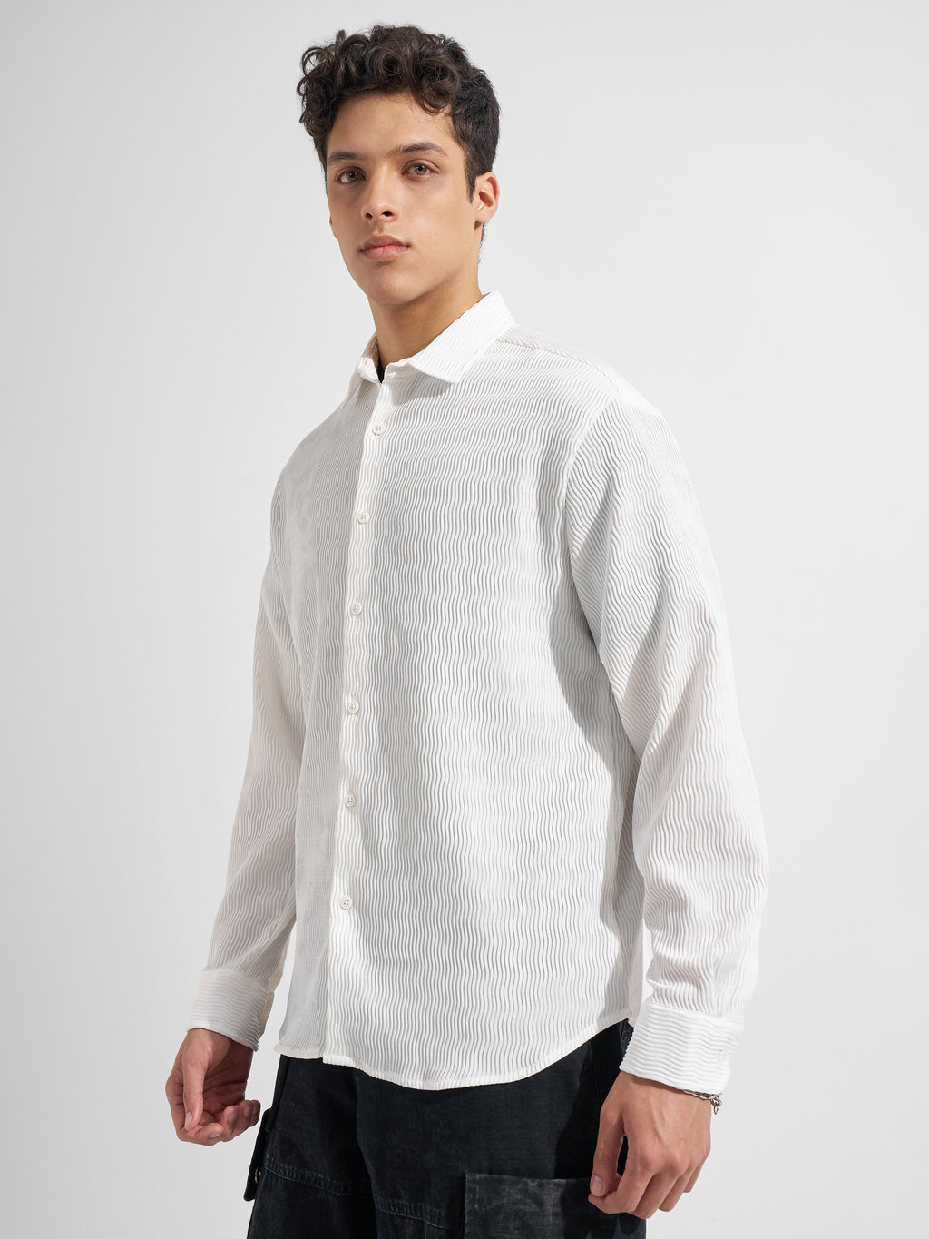 Highlander Men White Self Design Relaxed Fit Casual Shirt