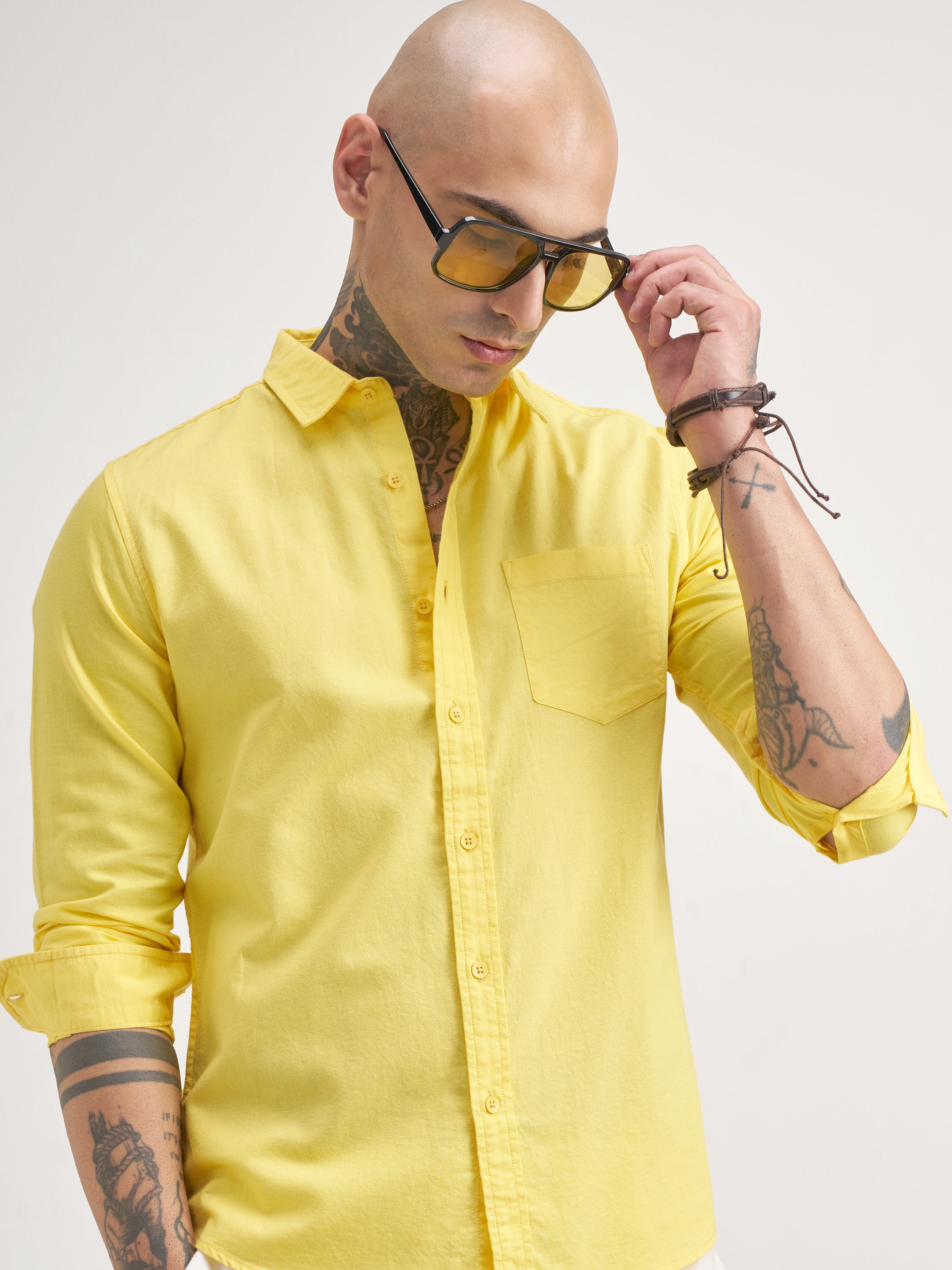 Highlander Men Yellow Solid Slim Fit Casual Shirt - Yellow - Image 1