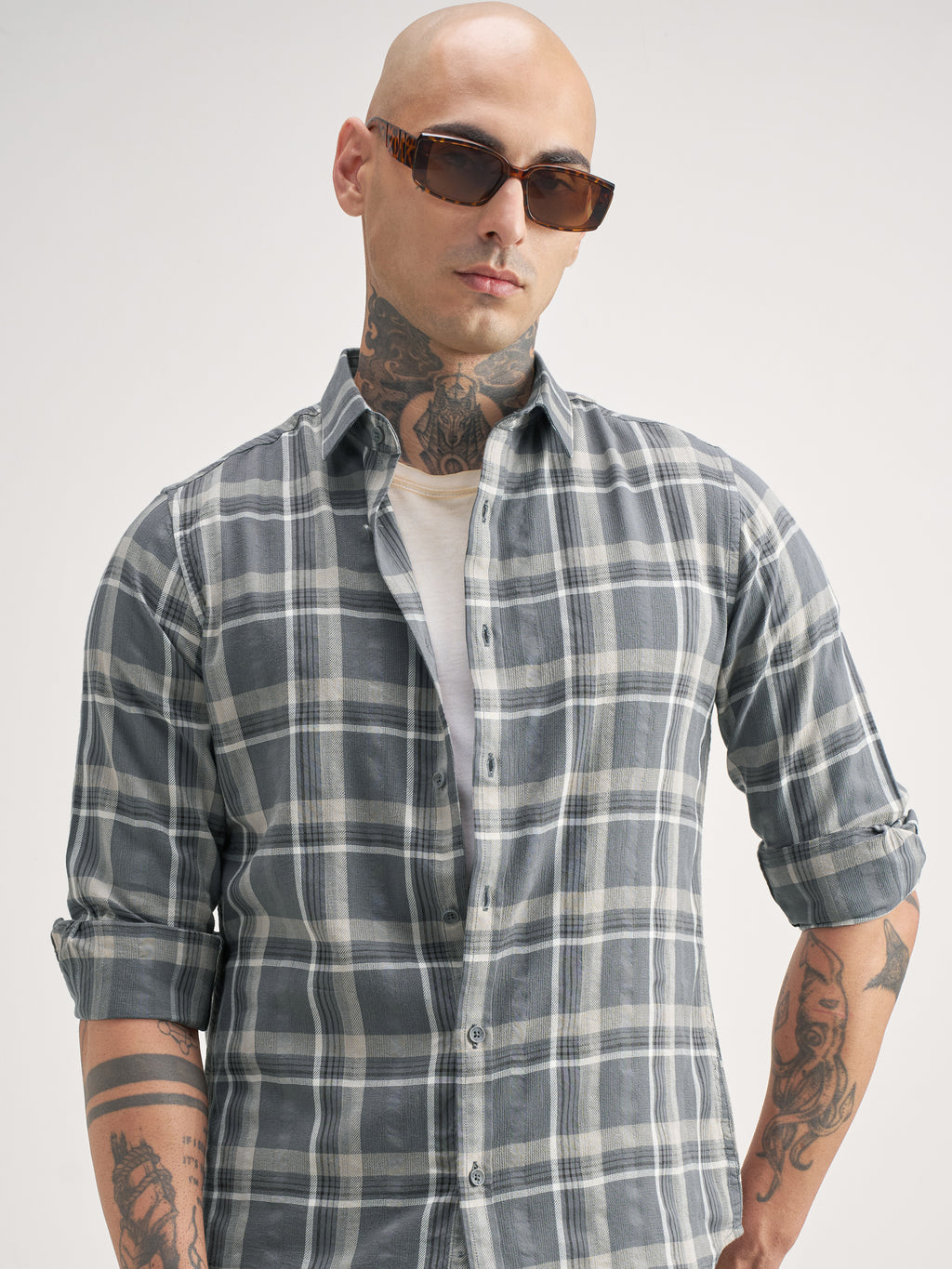 Highlander Men Grey Checked Regular Fit Casual Shirt - Grey - Image 1