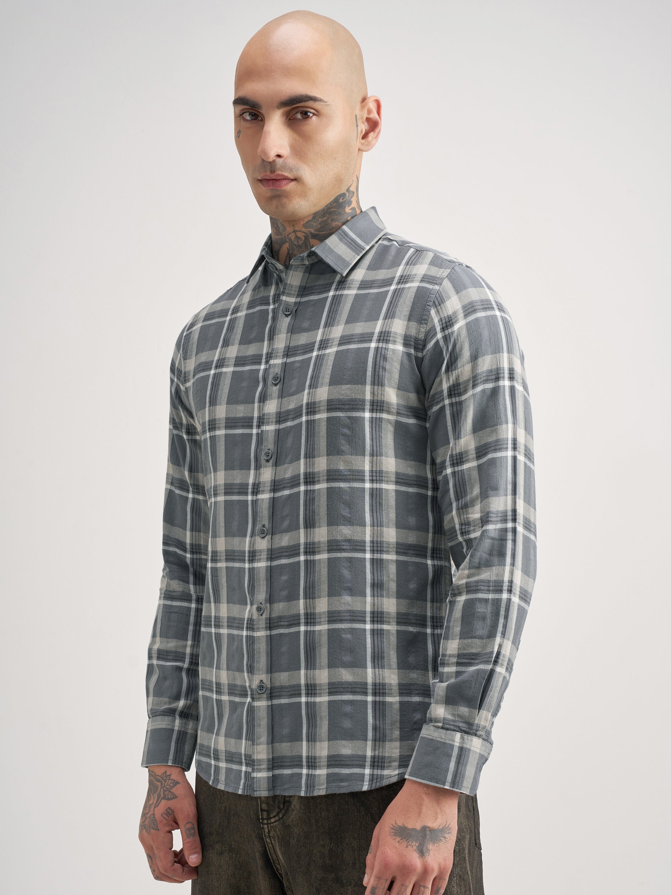 Highlander Men Grey Checked Regular Fit Casual Shirt - Grey - Image 4