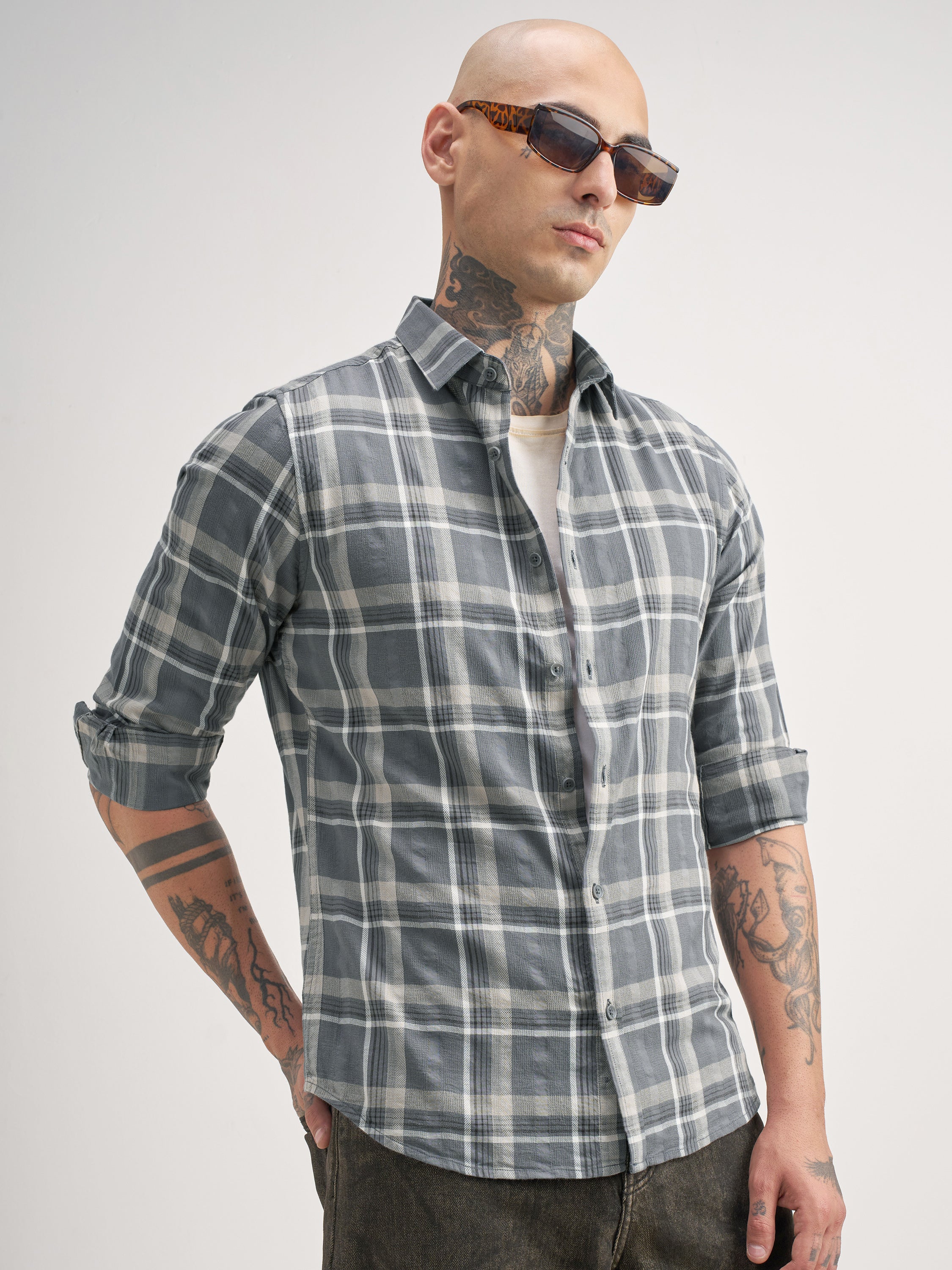 Highlander Men Grey Checked Regular Fit Casual Shirt - Grey - Image 6