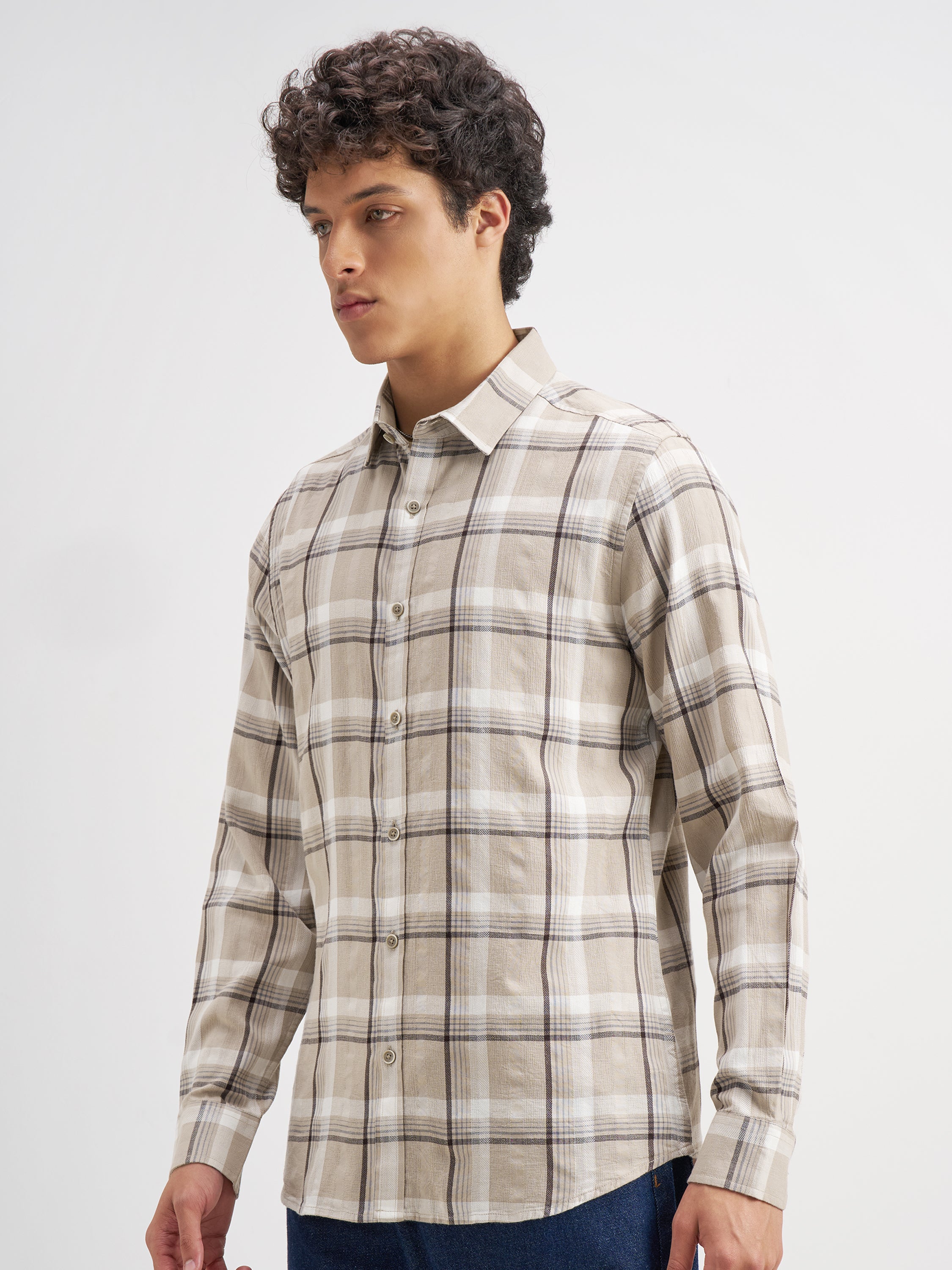 Highlander Men Beige Checked Regular Fit Casual Shirt - Beige - Image 4
