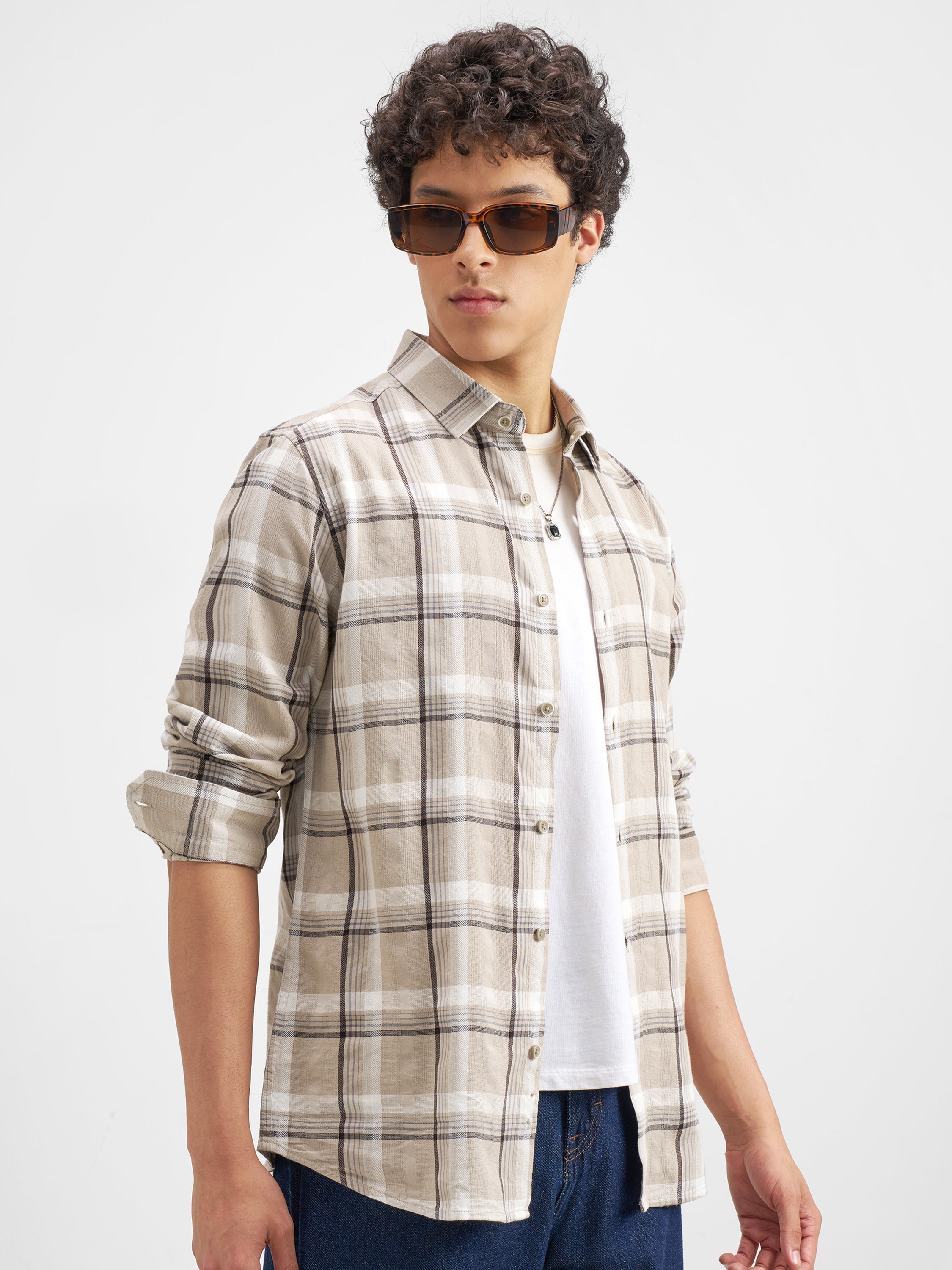 Highlander Men Beige Checked Regular Fit Casual Shirt - Beige - Image 6