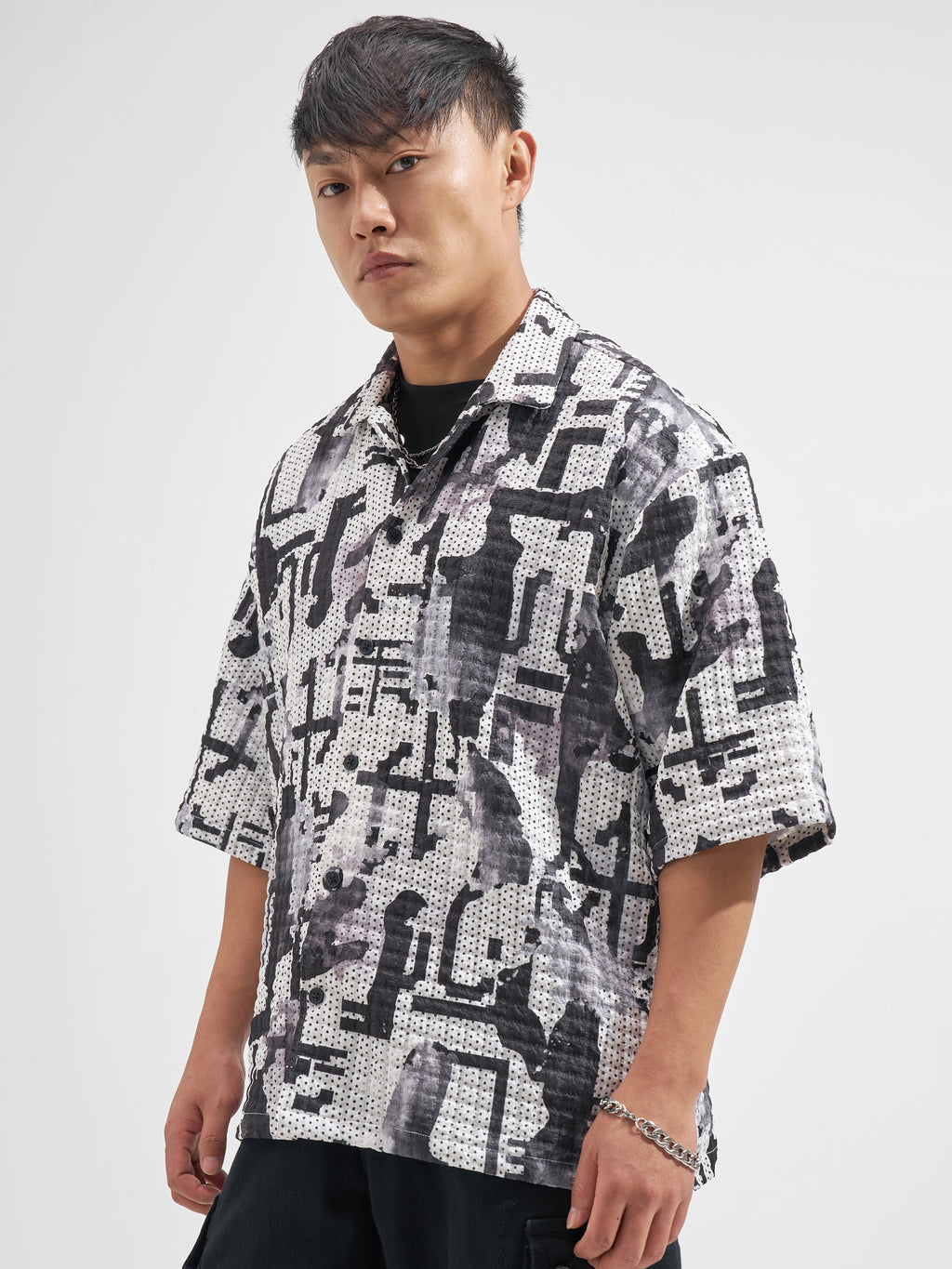Highlander Men White Self Design Boxy Fit Casual Shirt