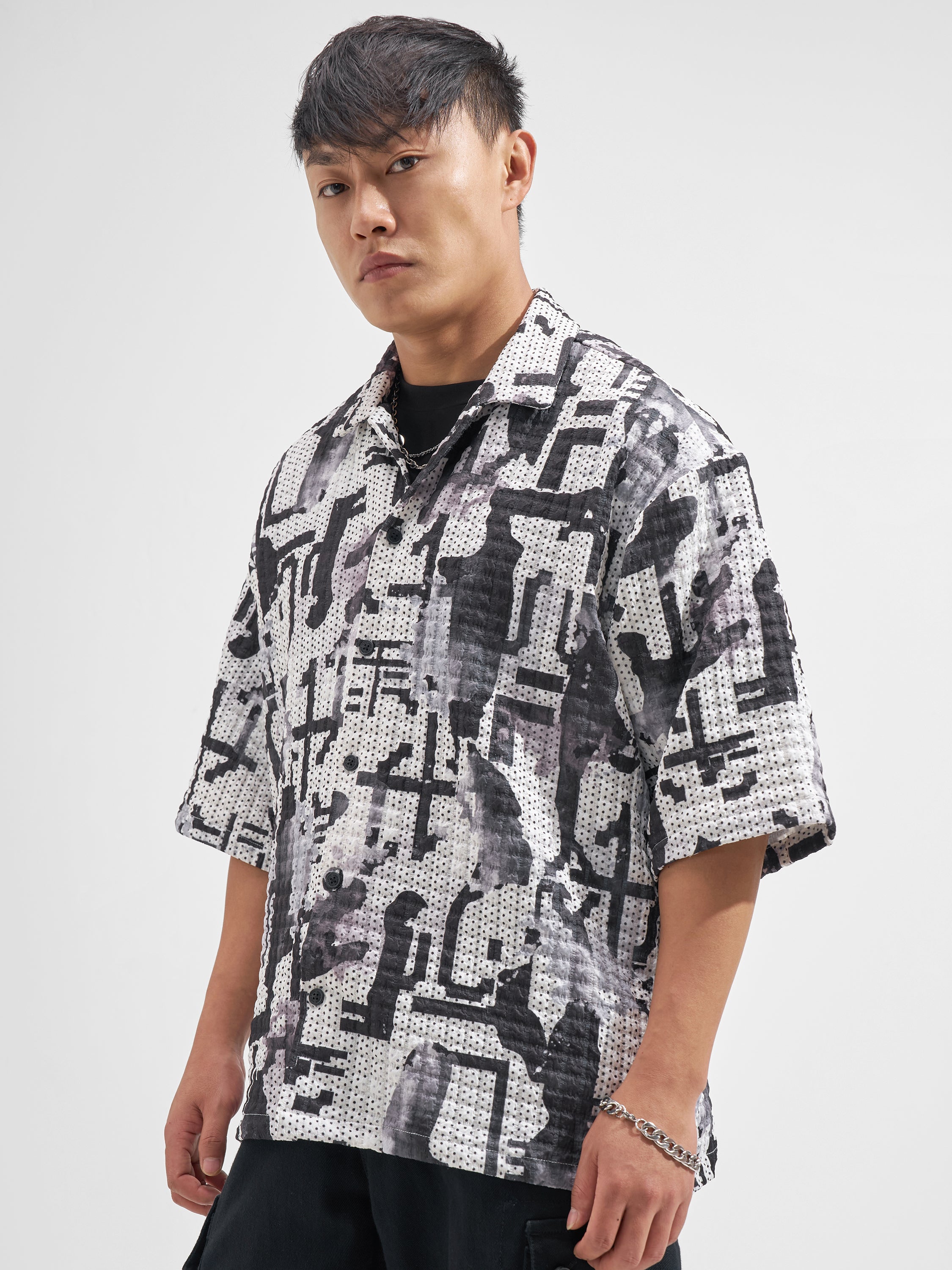 Highlander Men White Self Design Boxy Fit Casual Shirt