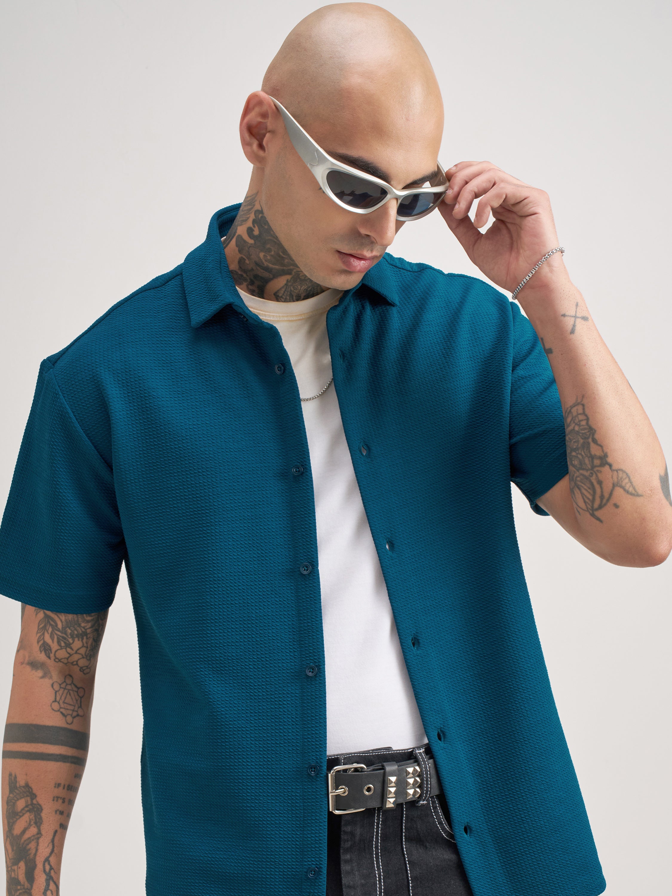 Highlander Men Teal Self Design Relaxed Fit Casual Shirt - Teal - Image 1