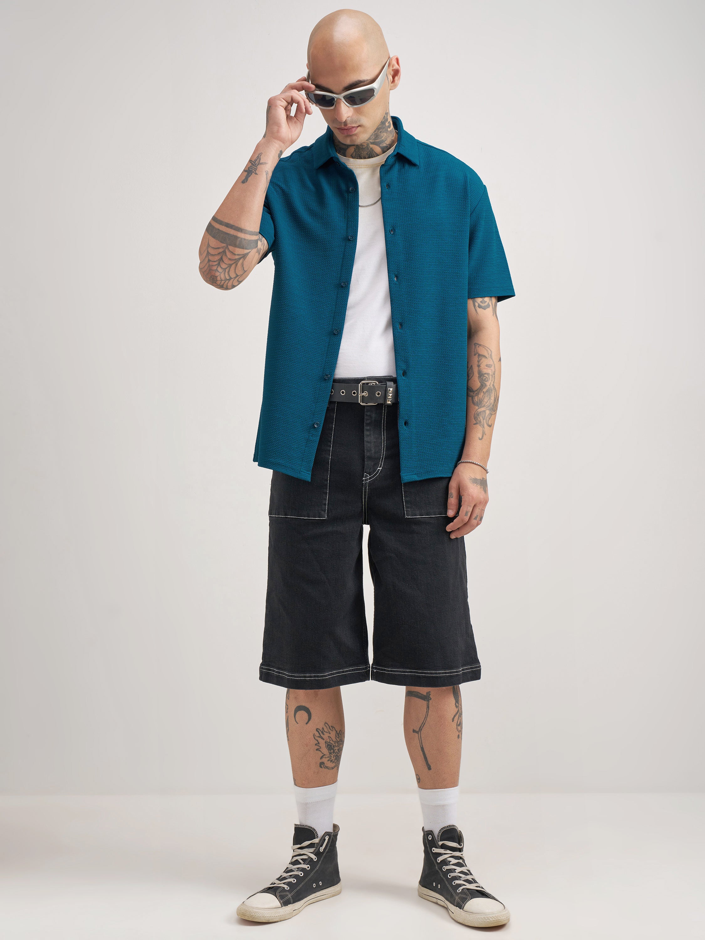 Highlander Men Teal Self Design Relaxed Fit Casual Shirt - Teal - Image 2