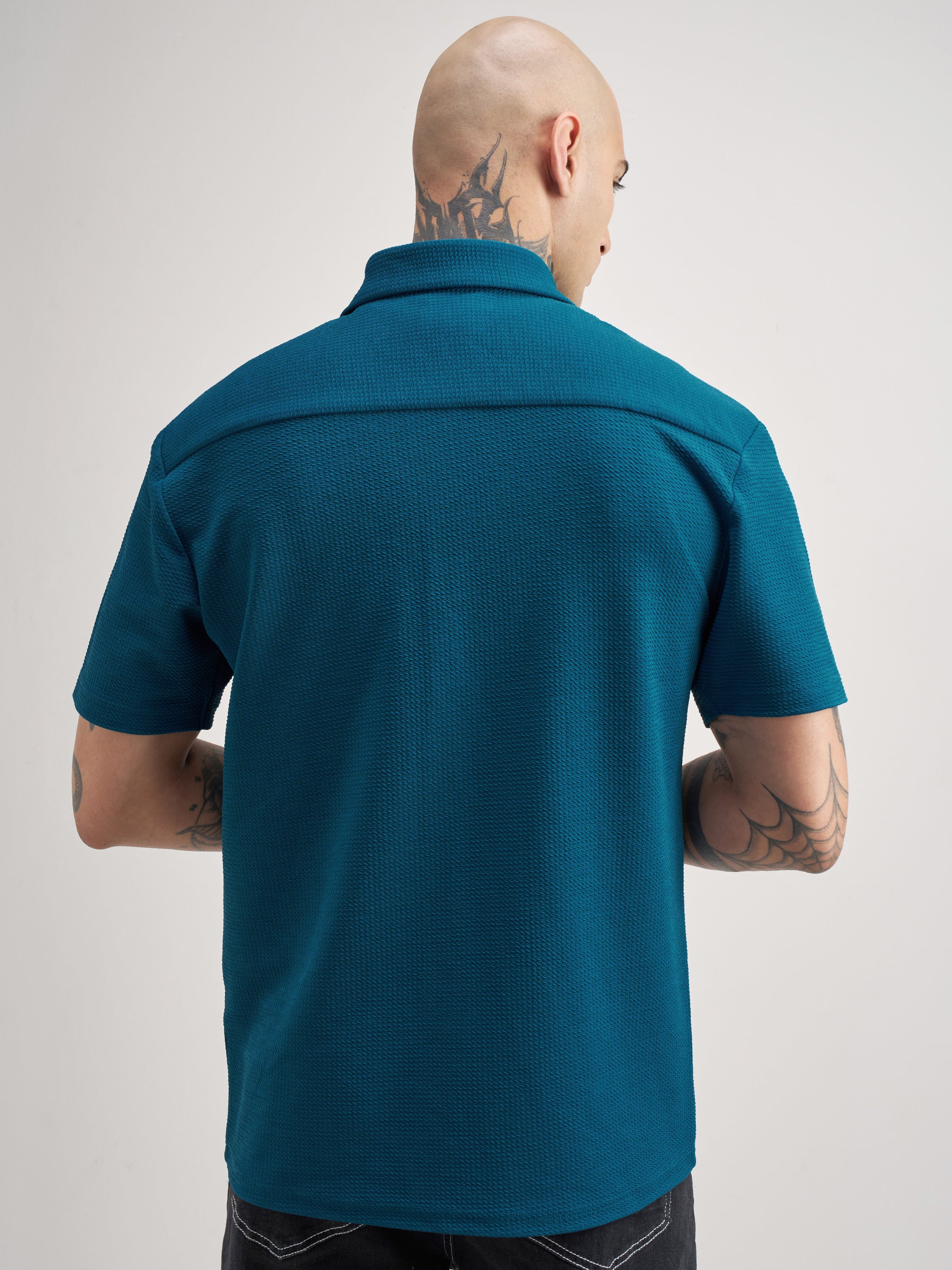 Highlander Men Teal Self Design Relaxed Fit Casual Shirt - Teal - Image 3