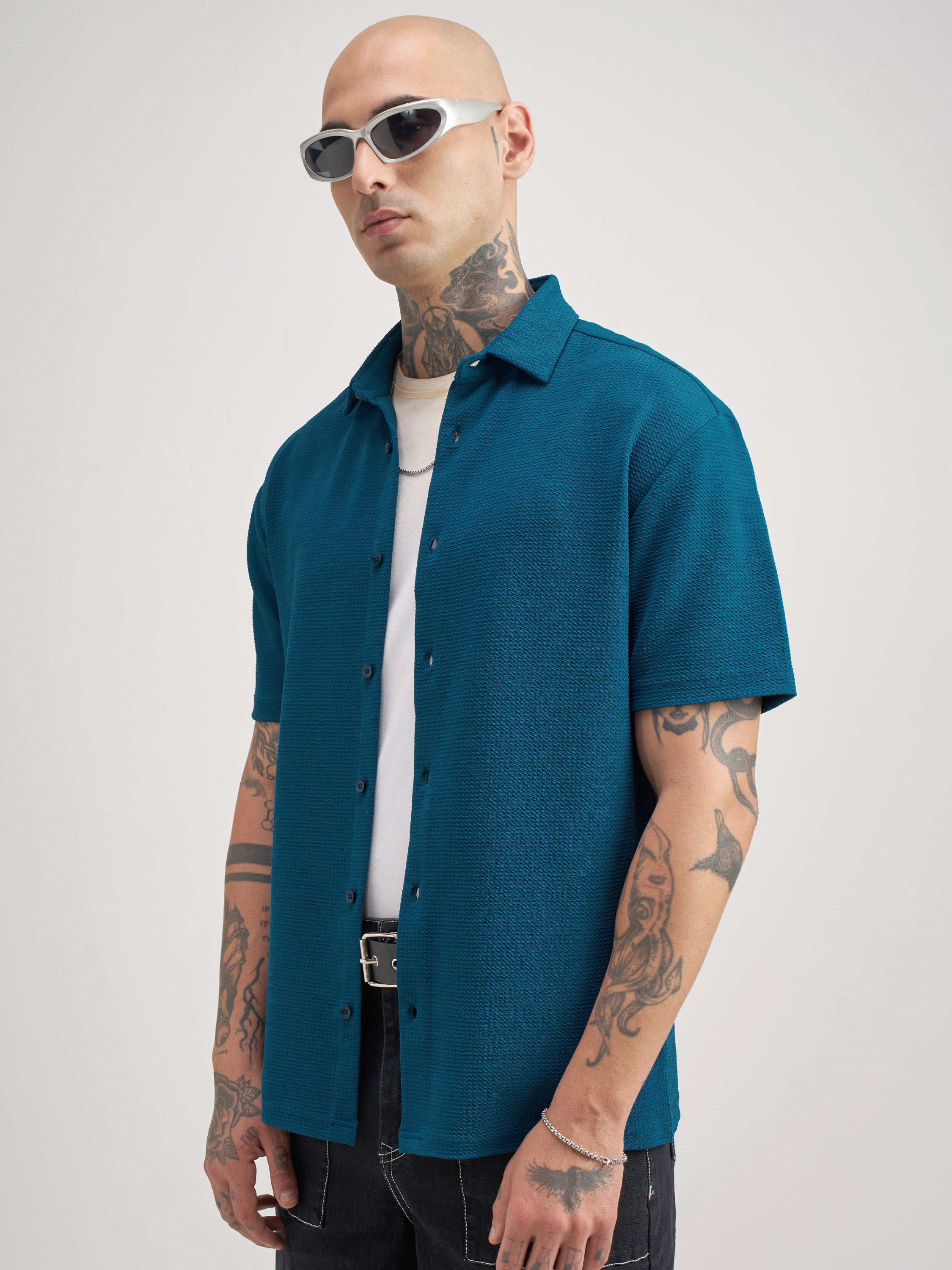 Highlander Men Teal Self Design Relaxed Fit Casual Shirt - Teal - Image 4