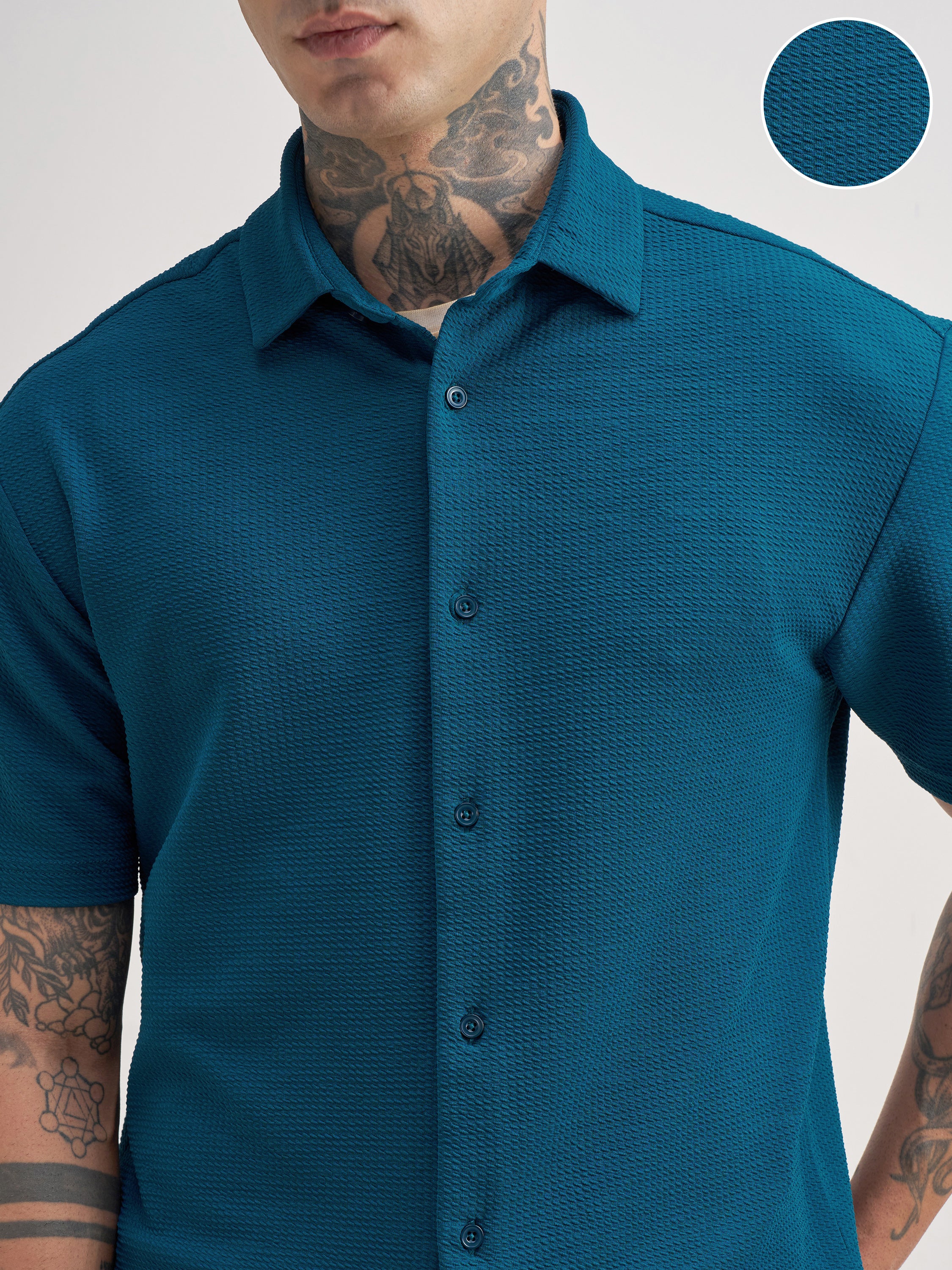 Highlander Men Teal Self Design Relaxed Fit Casual Shirt - Teal - Image 5