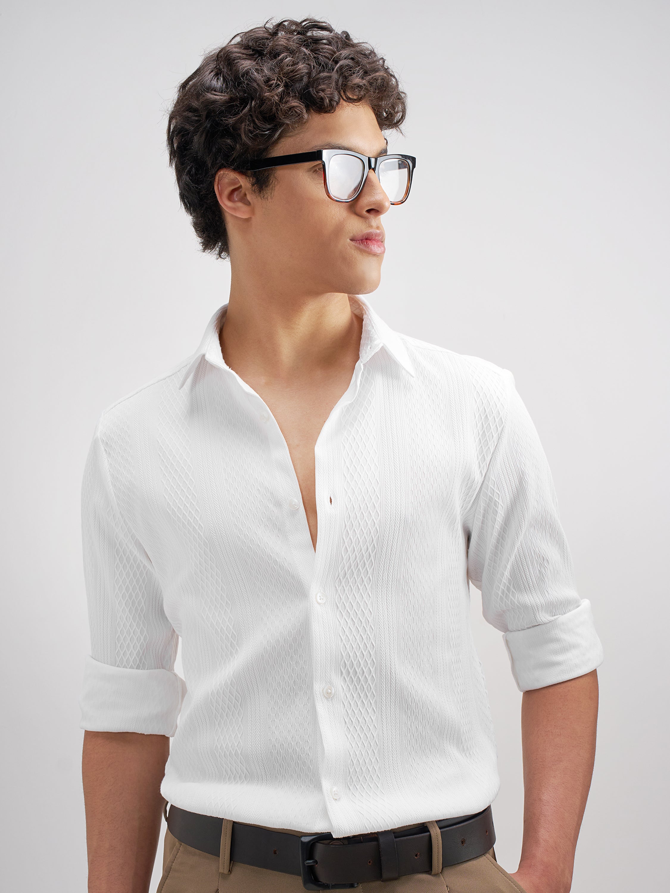 Highlander Men White Self Design Slim Fit Casual Shirt - White - Image 1