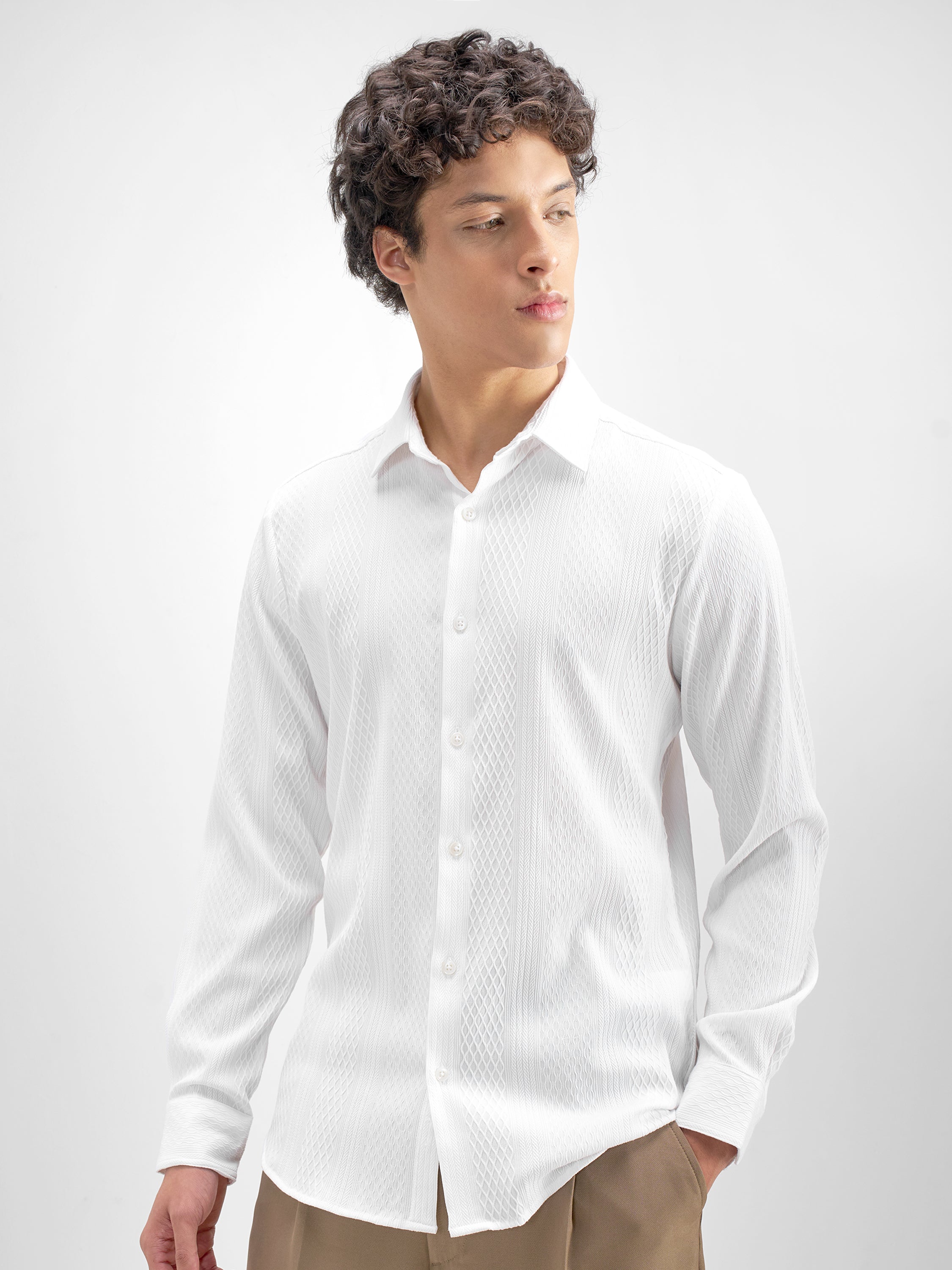 Highlander Men White Self Design Slim Fit Casual Shirt - White - Image 4
