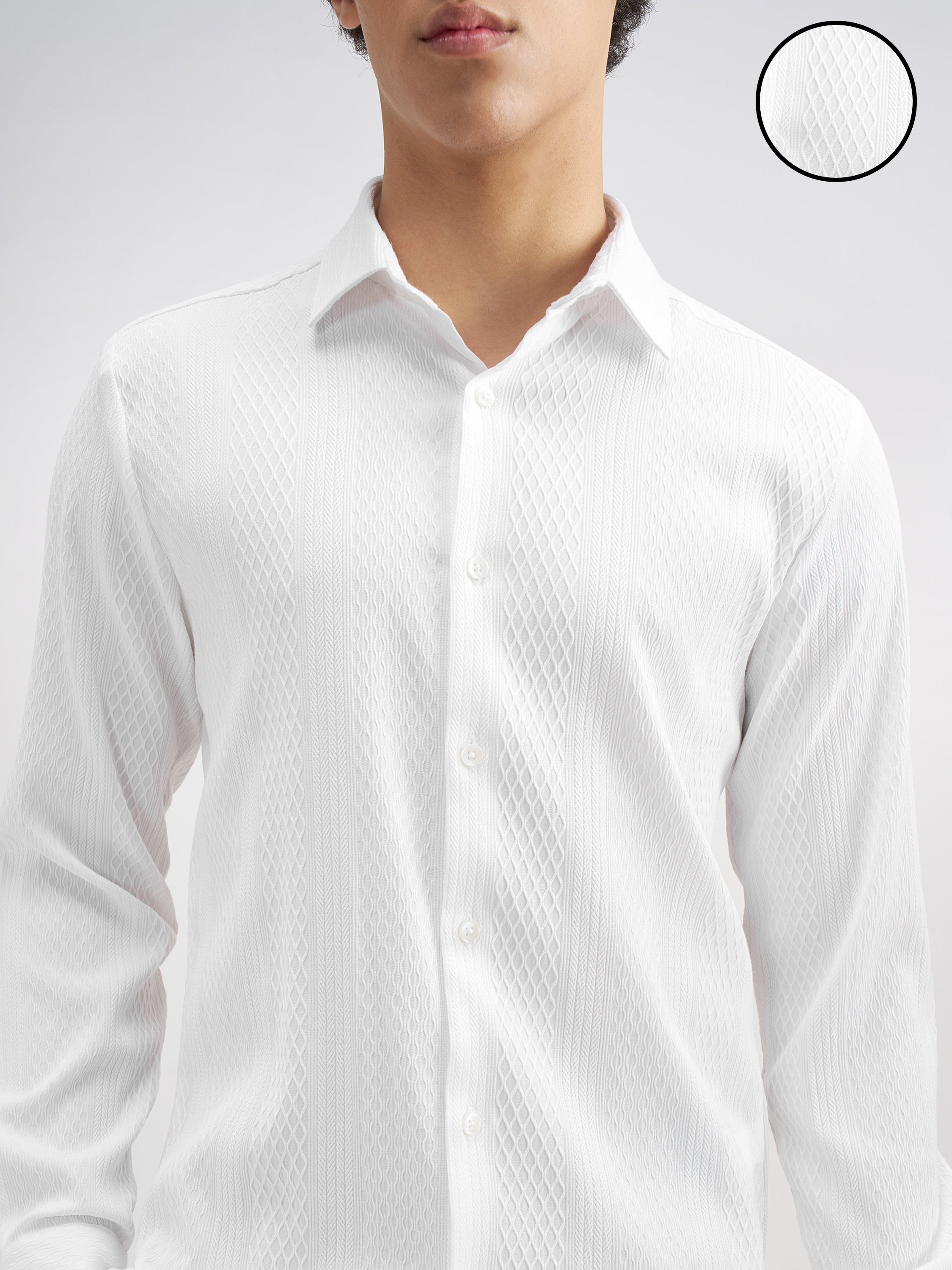 Highlander Men White Self Design Slim Fit Casual Shirt - White - Image 5