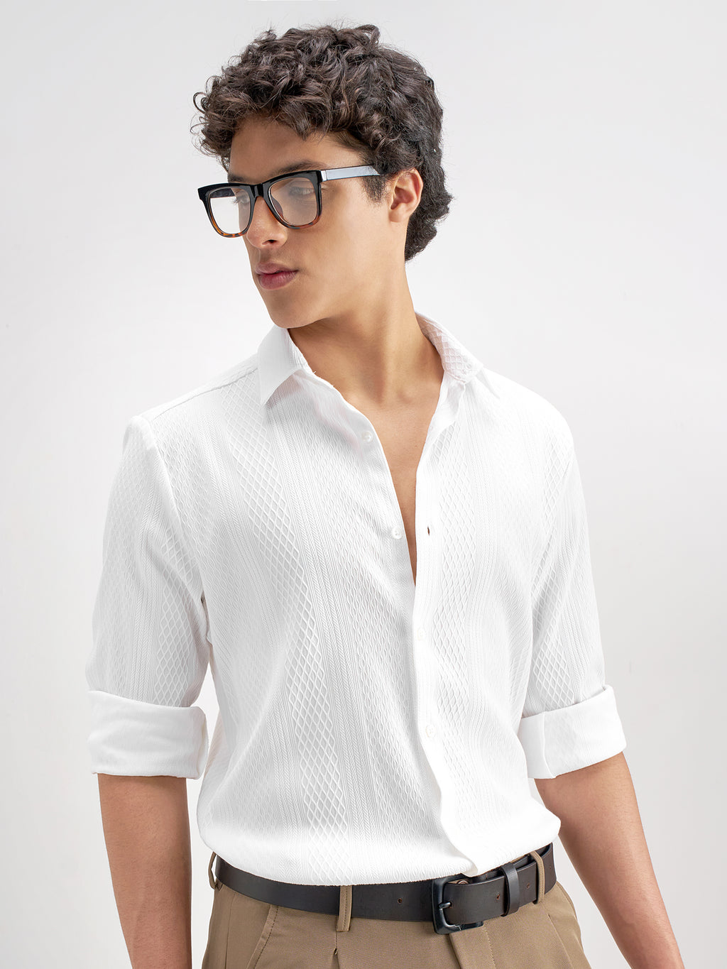 Highlander Men White Self Design Slim Fit Casual Shirt - White - Image 6