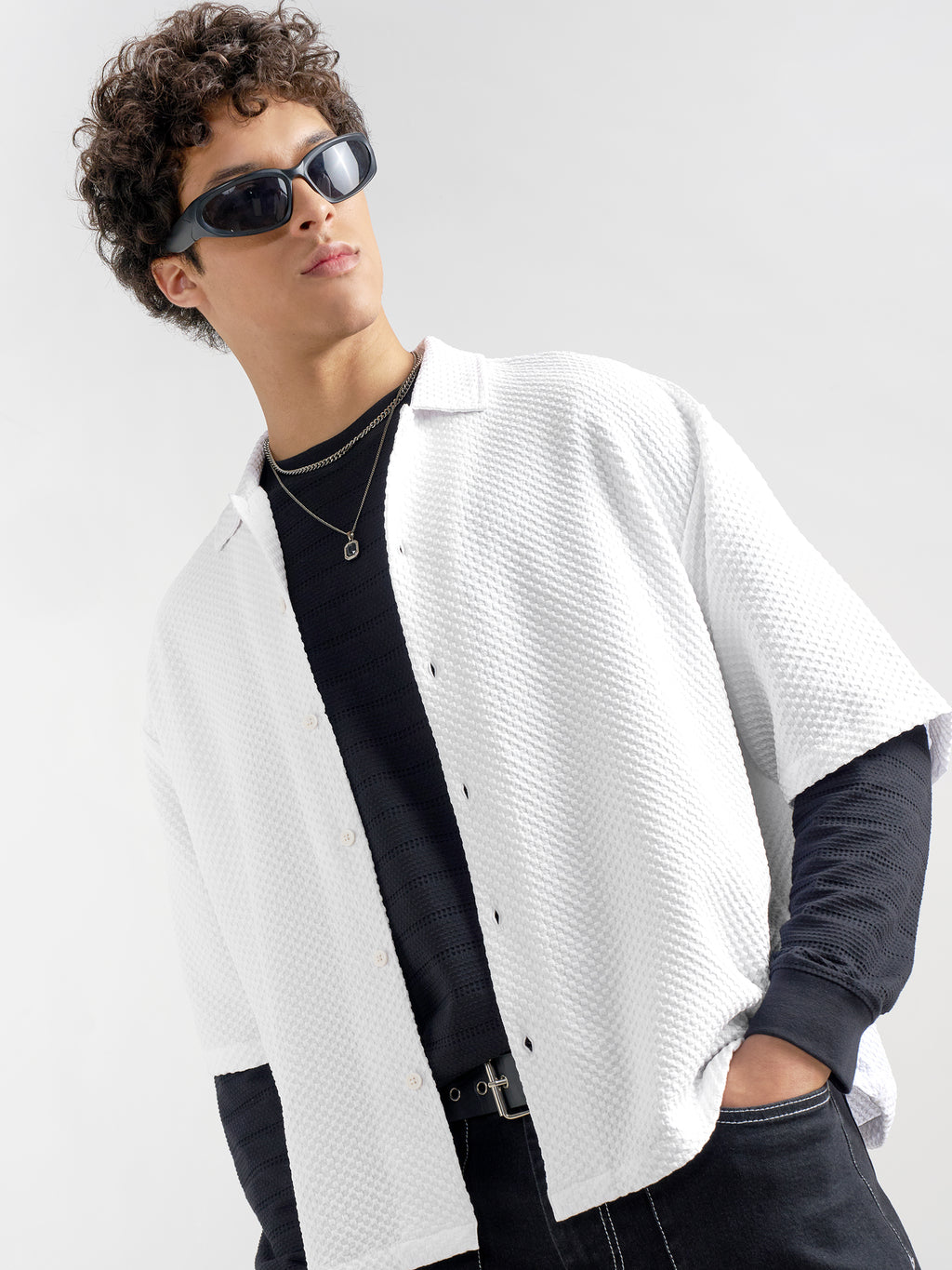 Highlander Men White Self Design Boxy Fit Casual Shirt - White - Image 1
