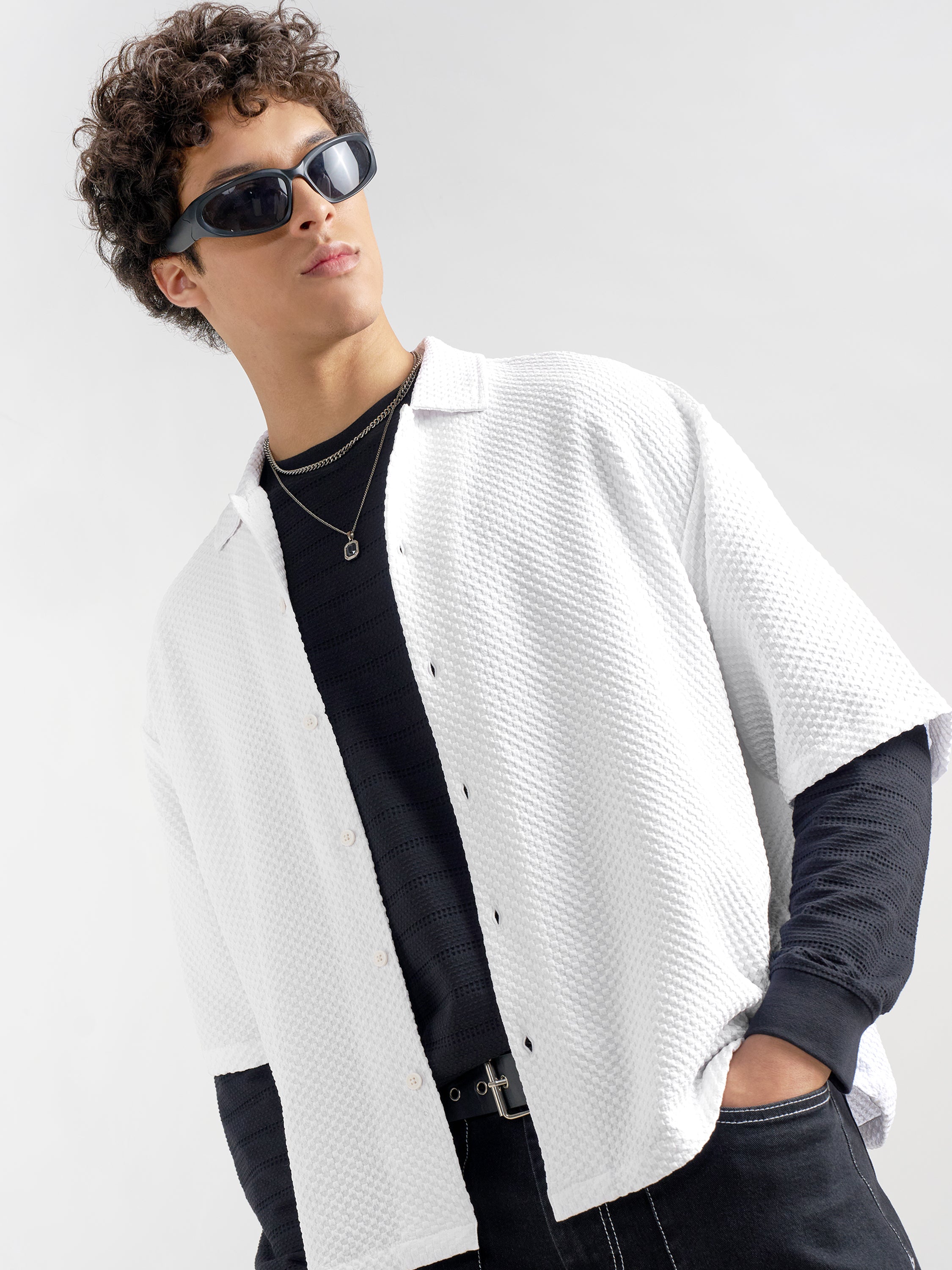 Highlander Men White Self Design Boxy Fit Casual Shirt - White - Image 1