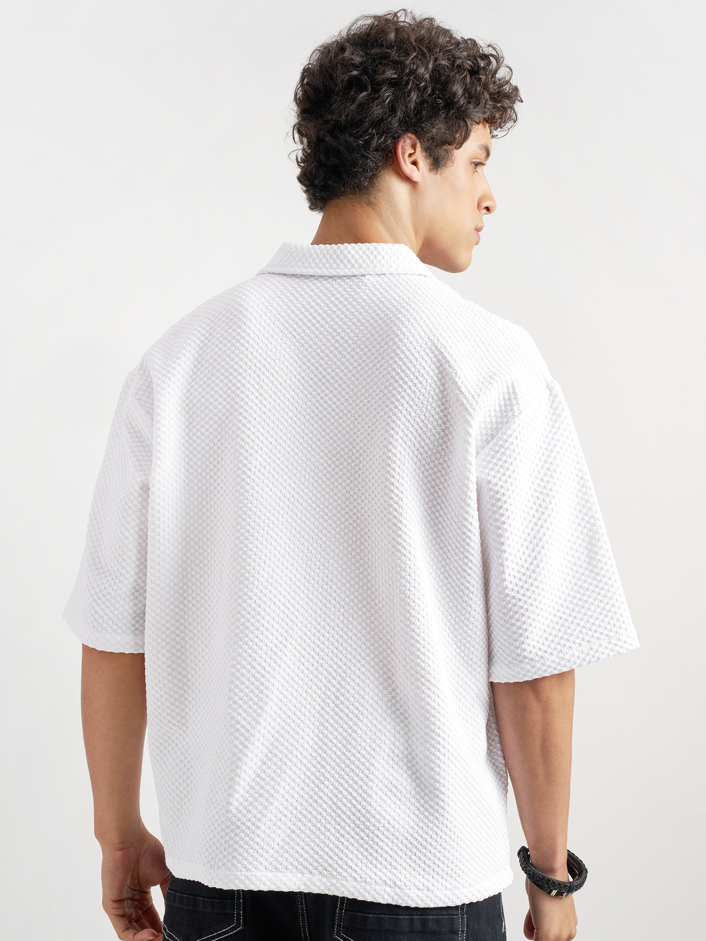 Highlander Men White Self Design Boxy Fit Casual Shirt - White - Image 3