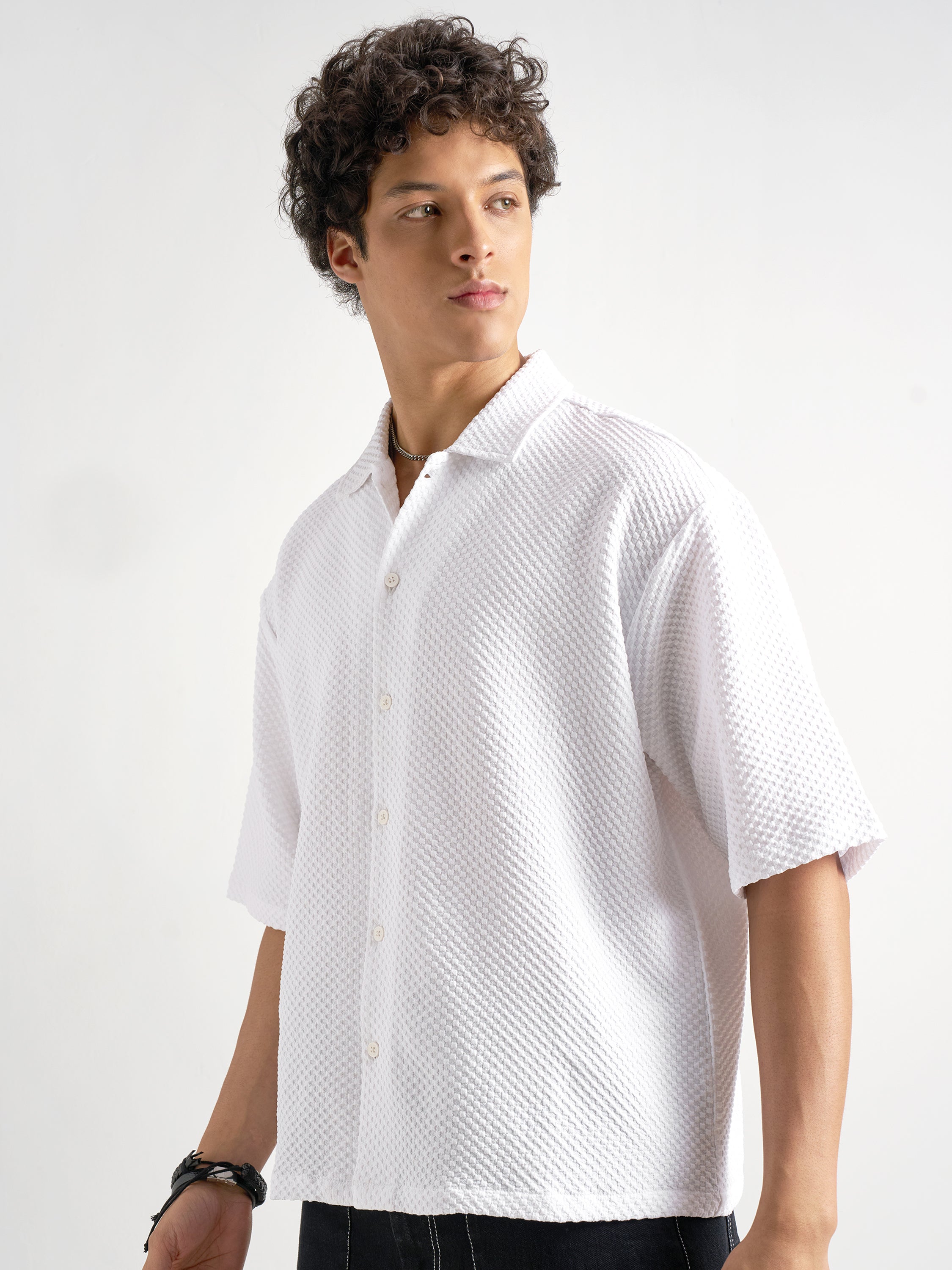 Highlander Men White Self Design Boxy Fit Casual Shirt - White - Image 4