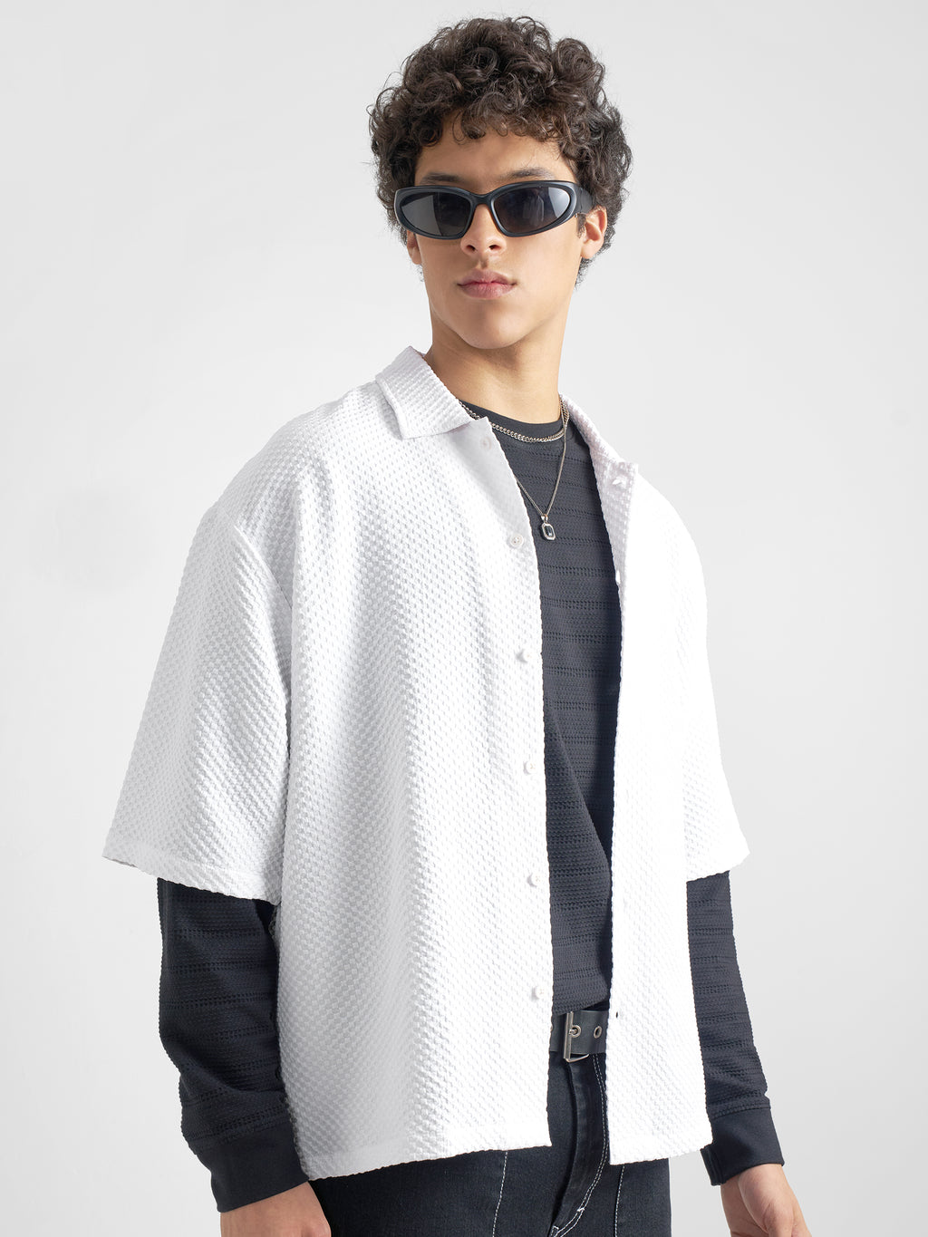 Highlander Men White Self Design Boxy Fit Casual Shirt - White - Image 6