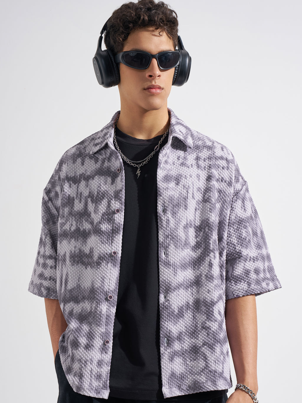 Highlander Men Grey Self Design Boxy Fit Casual Shirt