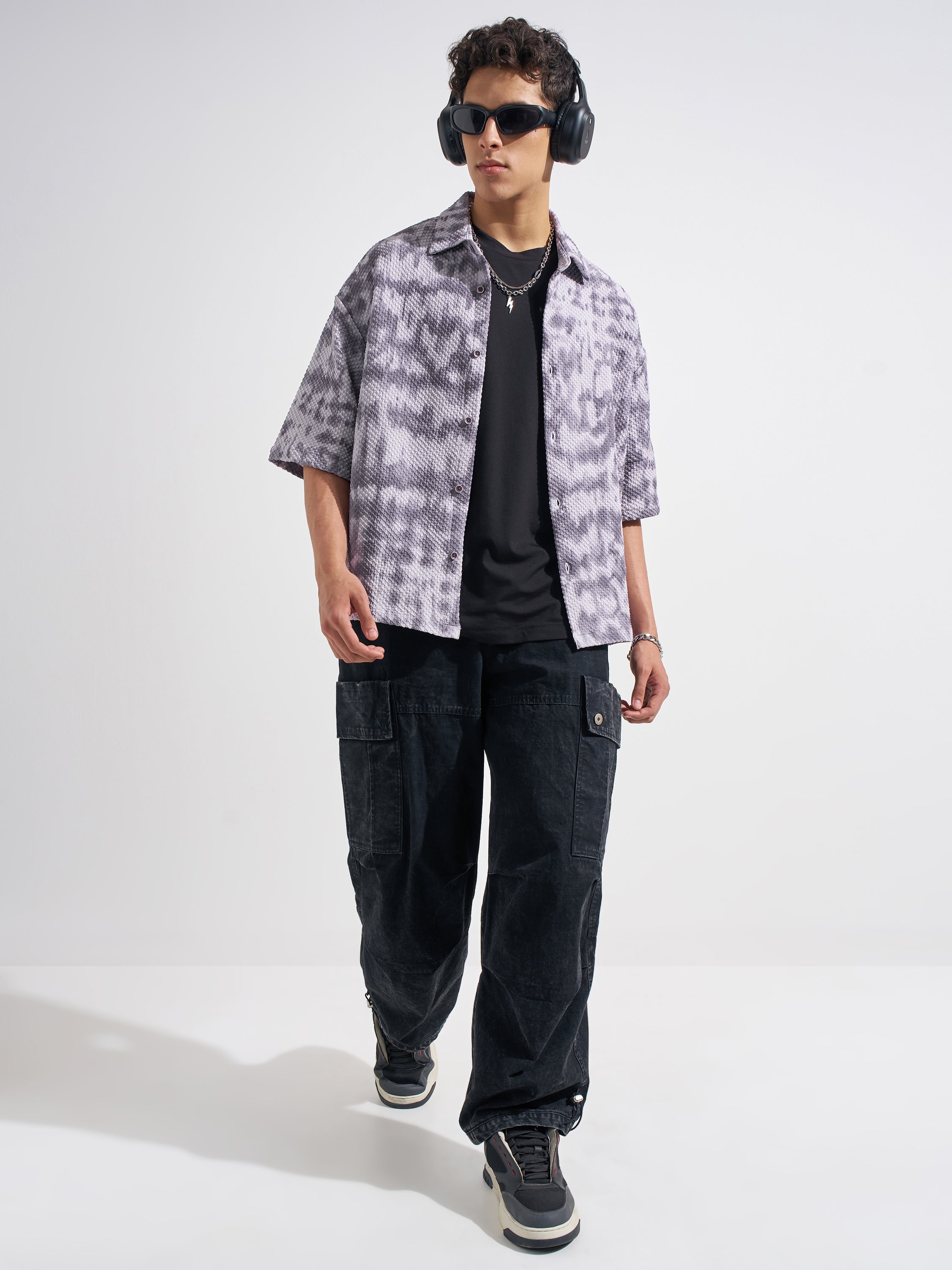 Highlander Men Grey Self Design Boxy Fit Casual Shirt
