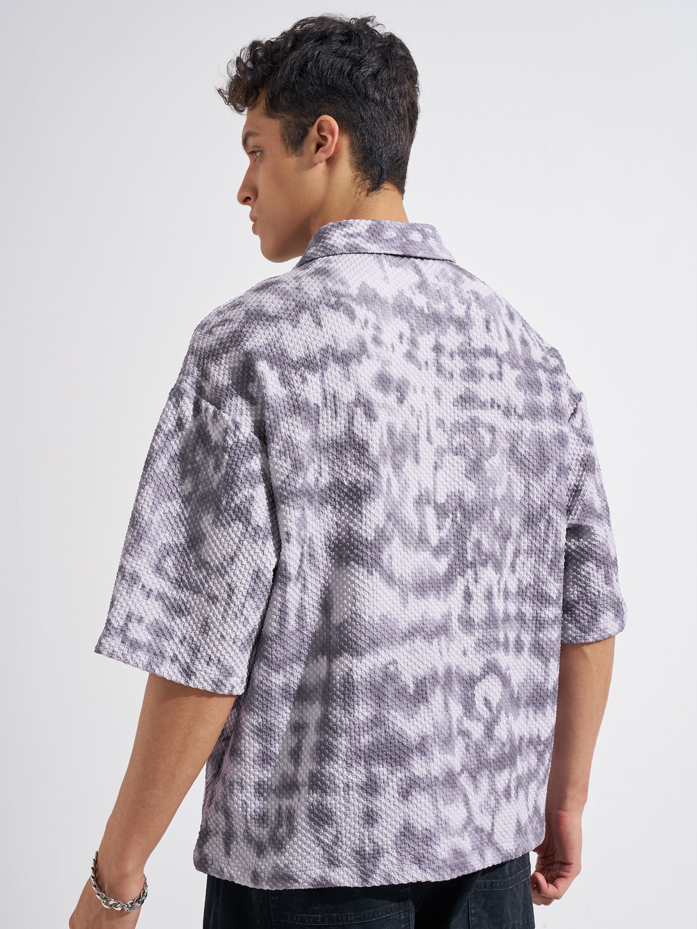 Highlander Men Grey Self Design Boxy Fit Casual Shirt