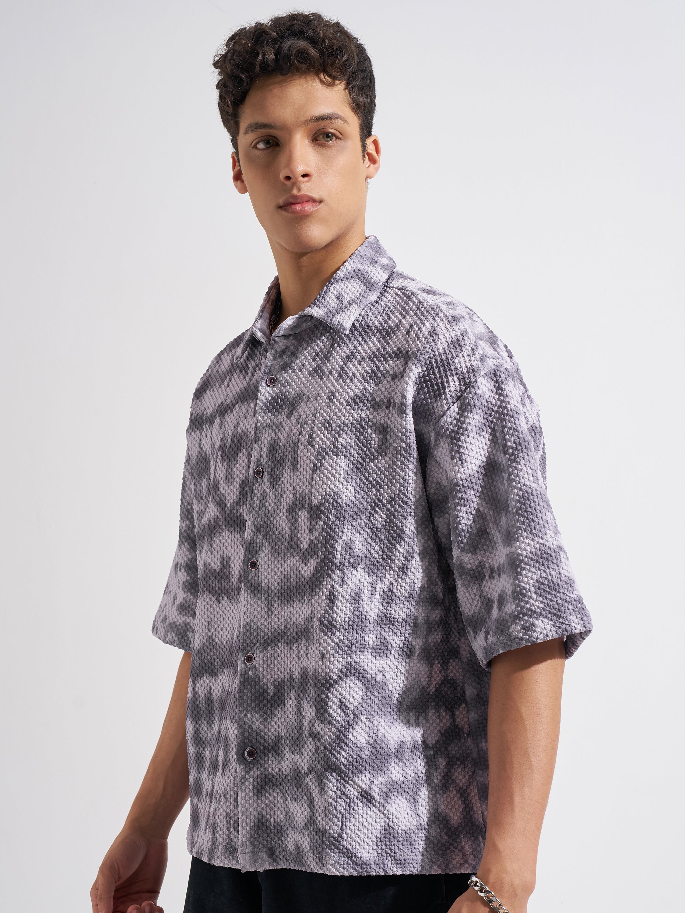 Highlander Men Grey Self Design Boxy Fit Casual Shirt