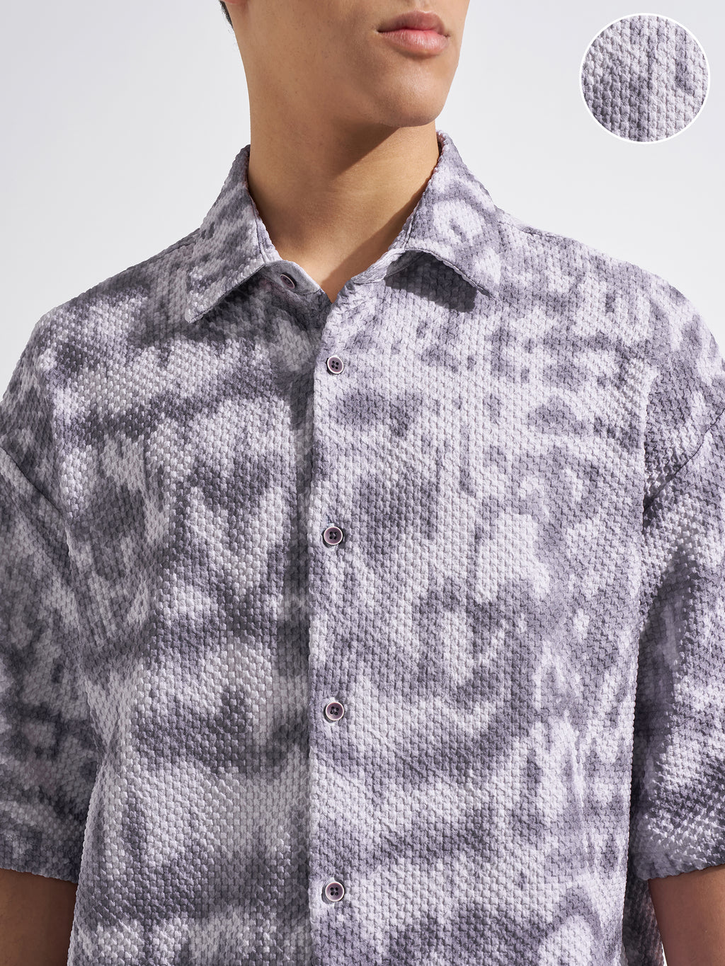 Highlander Men Grey Self Design Boxy Fit Casual Shirt