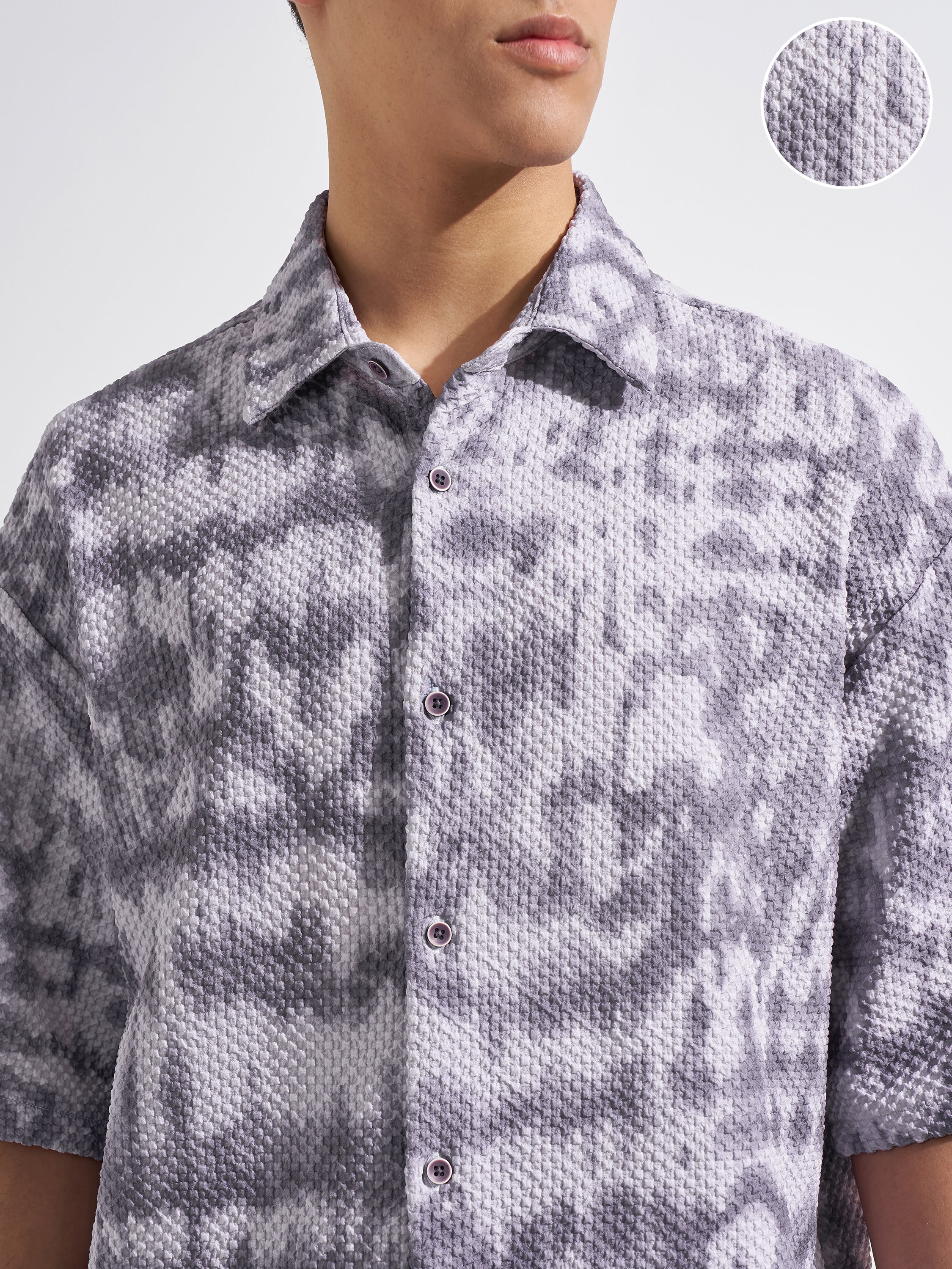 Highlander Men Grey Self Design Boxy Fit Casual Shirt