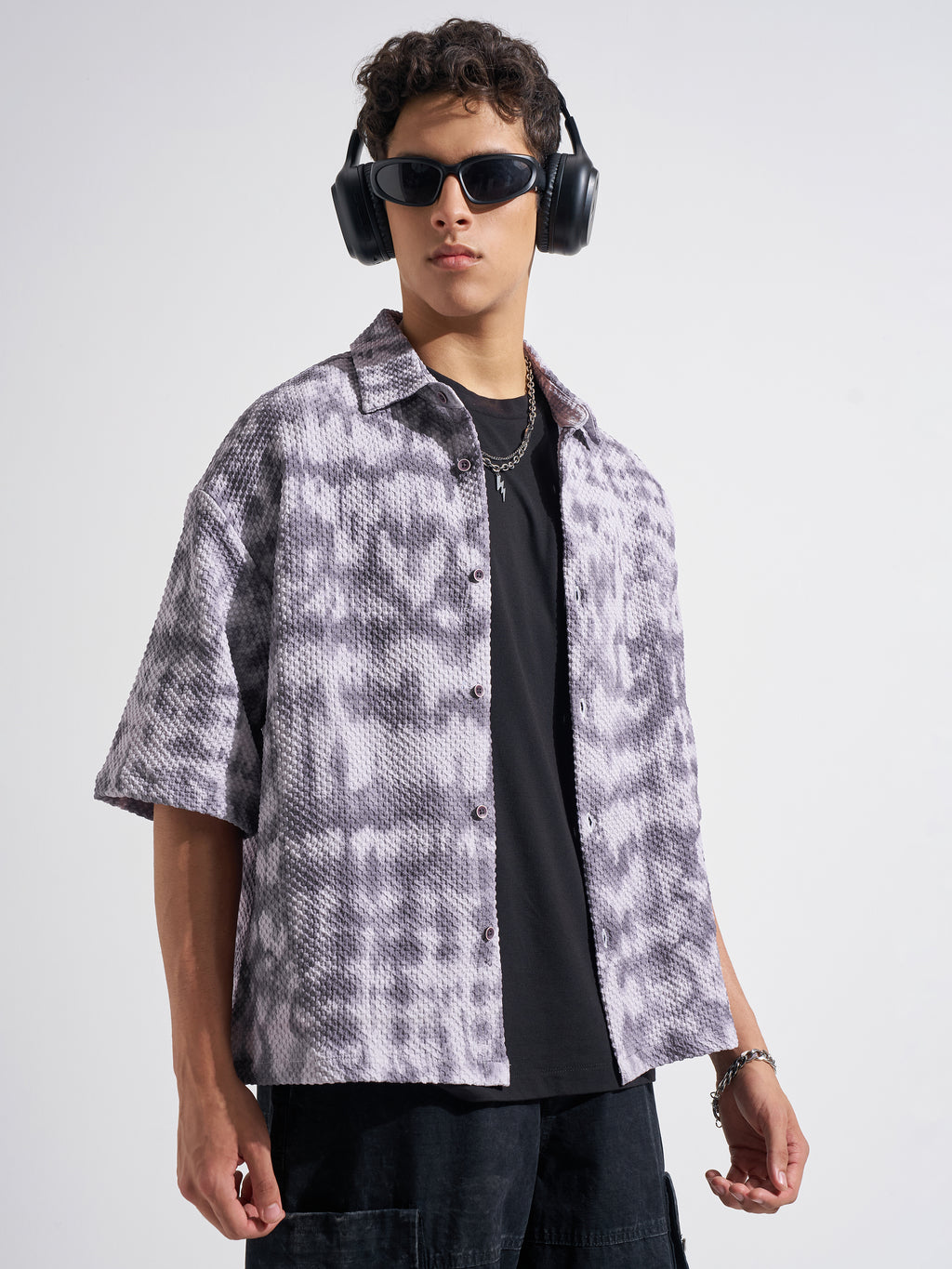 Highlander Men Grey Self Design Boxy Fit Casual Shirt