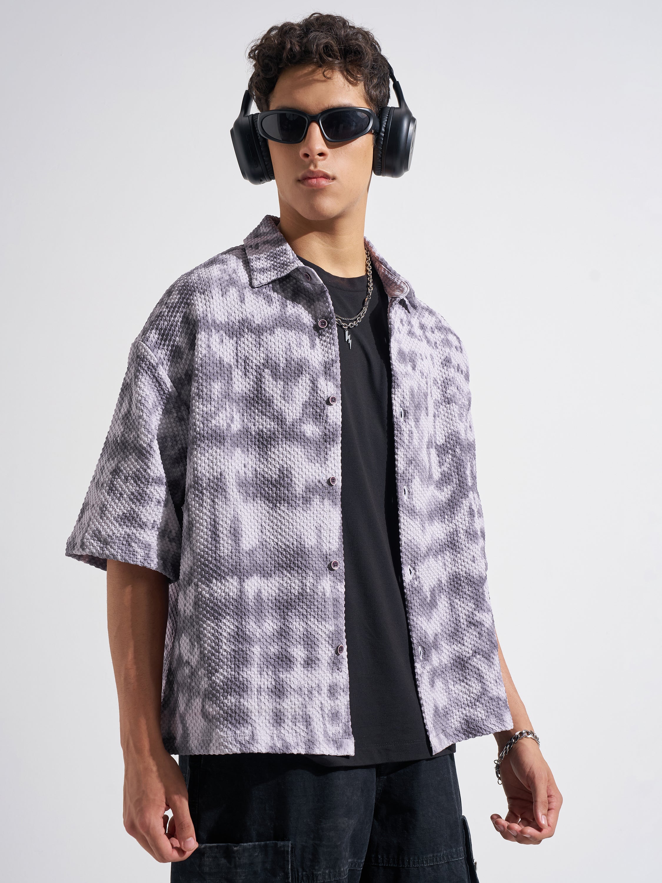 Highlander Men Grey Self Design Boxy Fit Casual Shirt