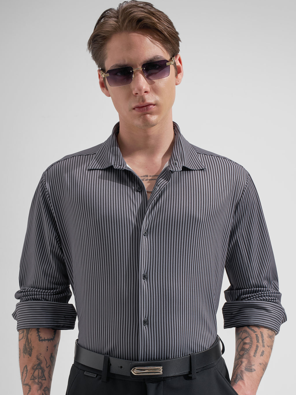 Highlander Men Black Striped Slim Fit Casual Shirt