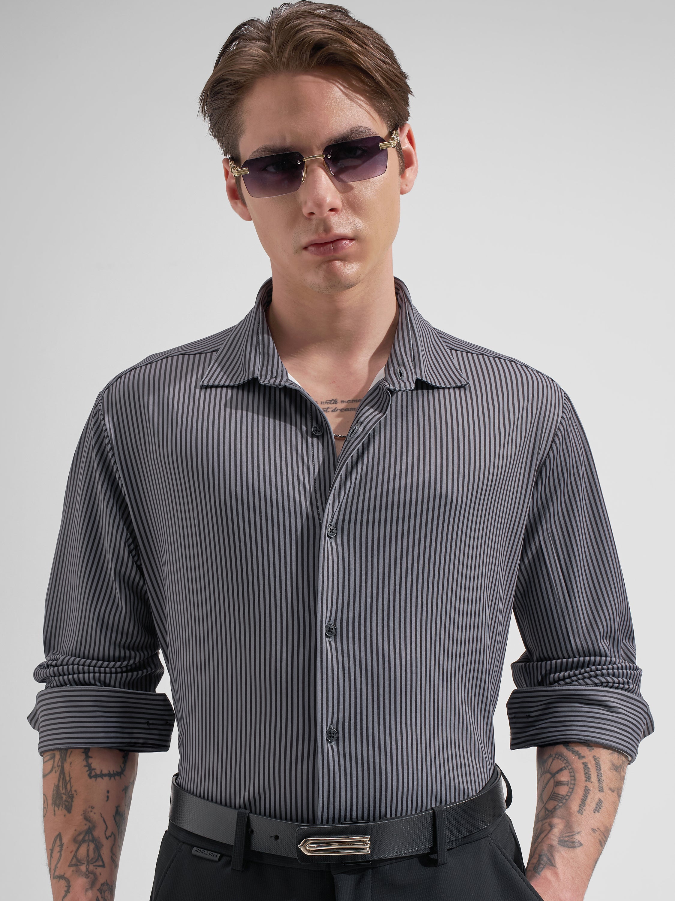 Highlander Men Black Striped Slim Fit Casual Shirt