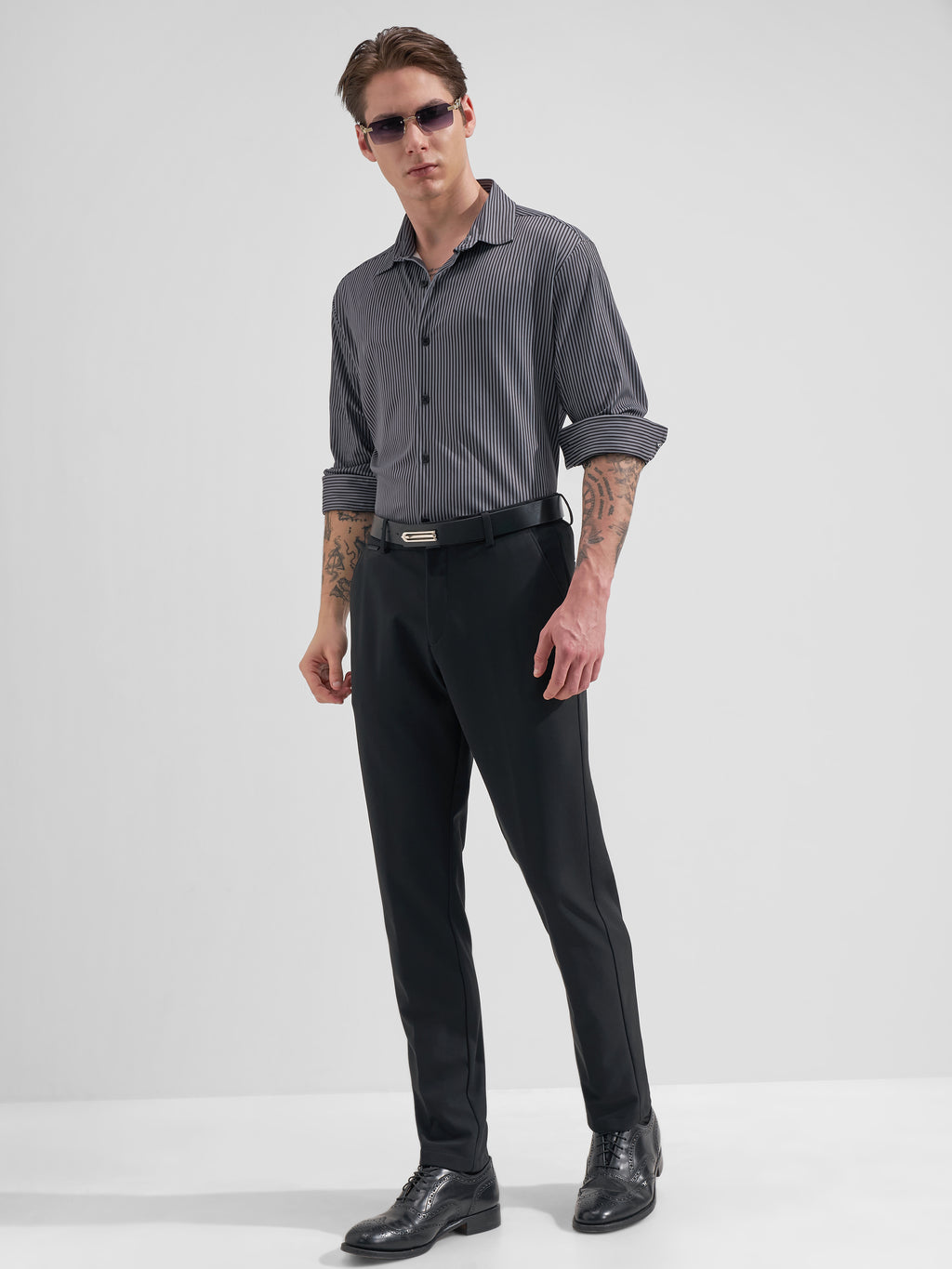 Highlander Men Black Striped Slim Fit Casual Shirt