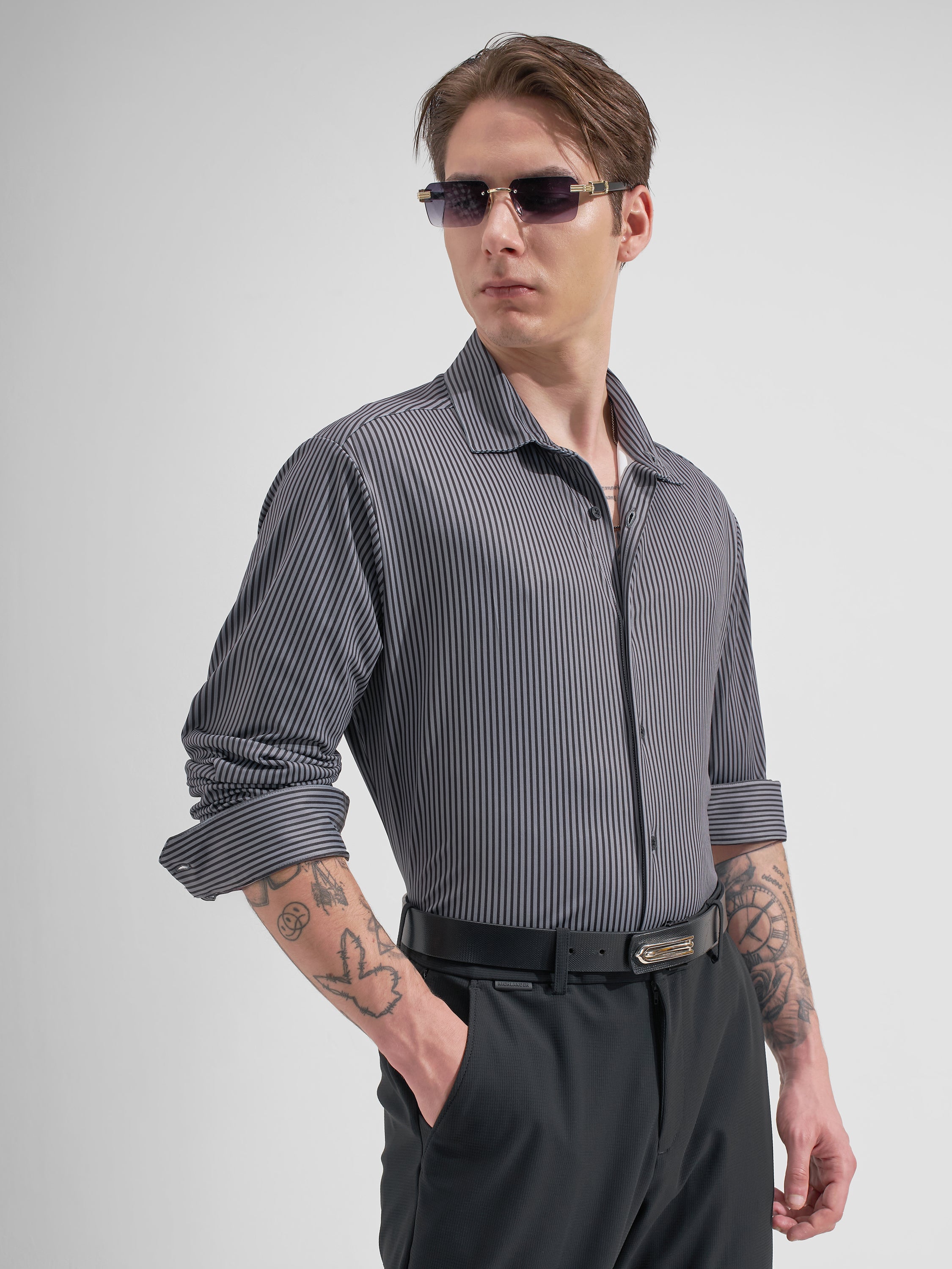 Highlander Men Black Striped Slim Fit Casual Shirt