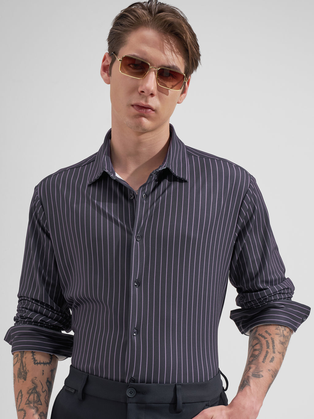 Highlander Men Purple Striped Slim Fit Casual Shirt