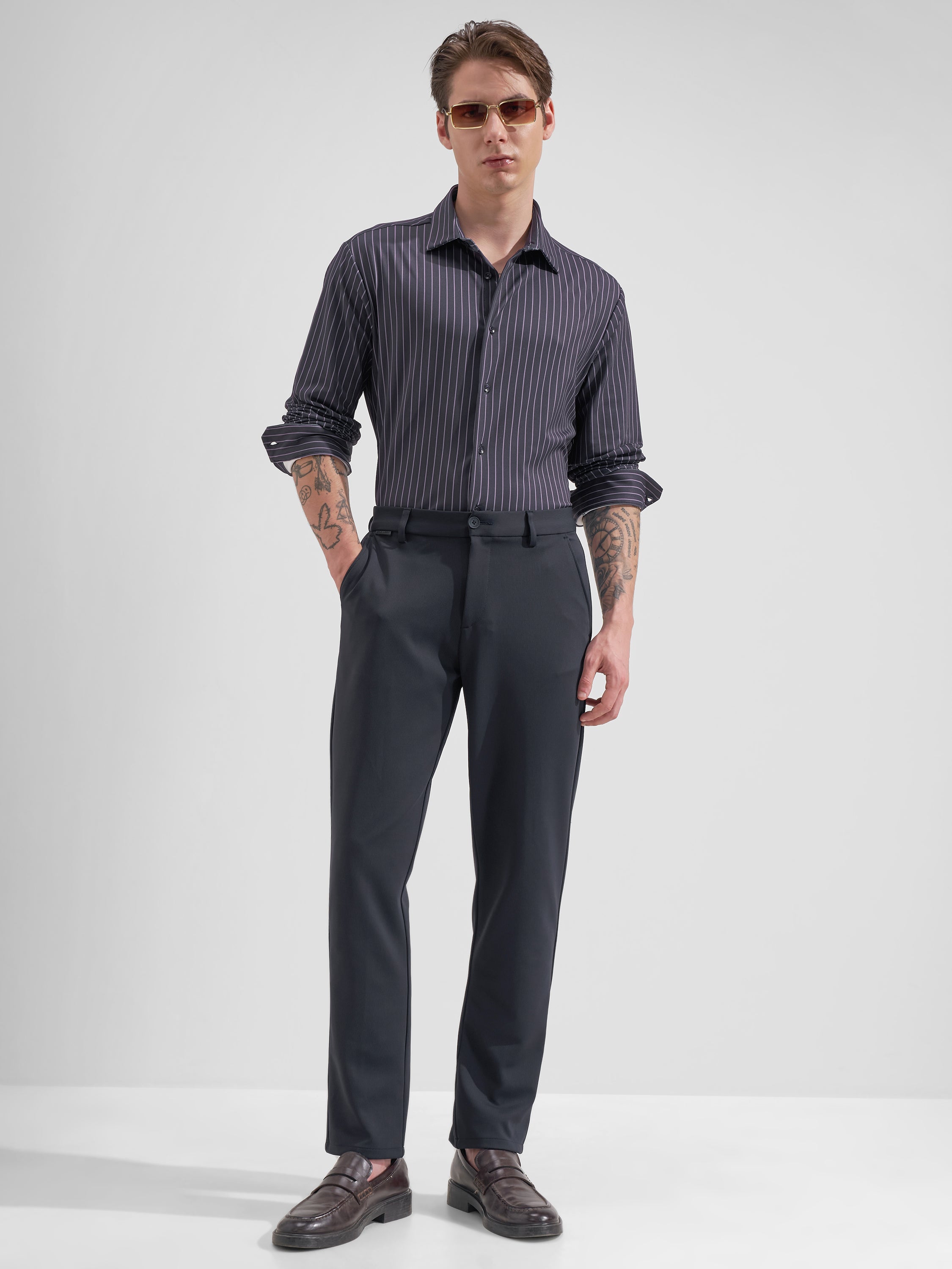 Highlander Men Purple Striped Slim Fit Casual Shirt
