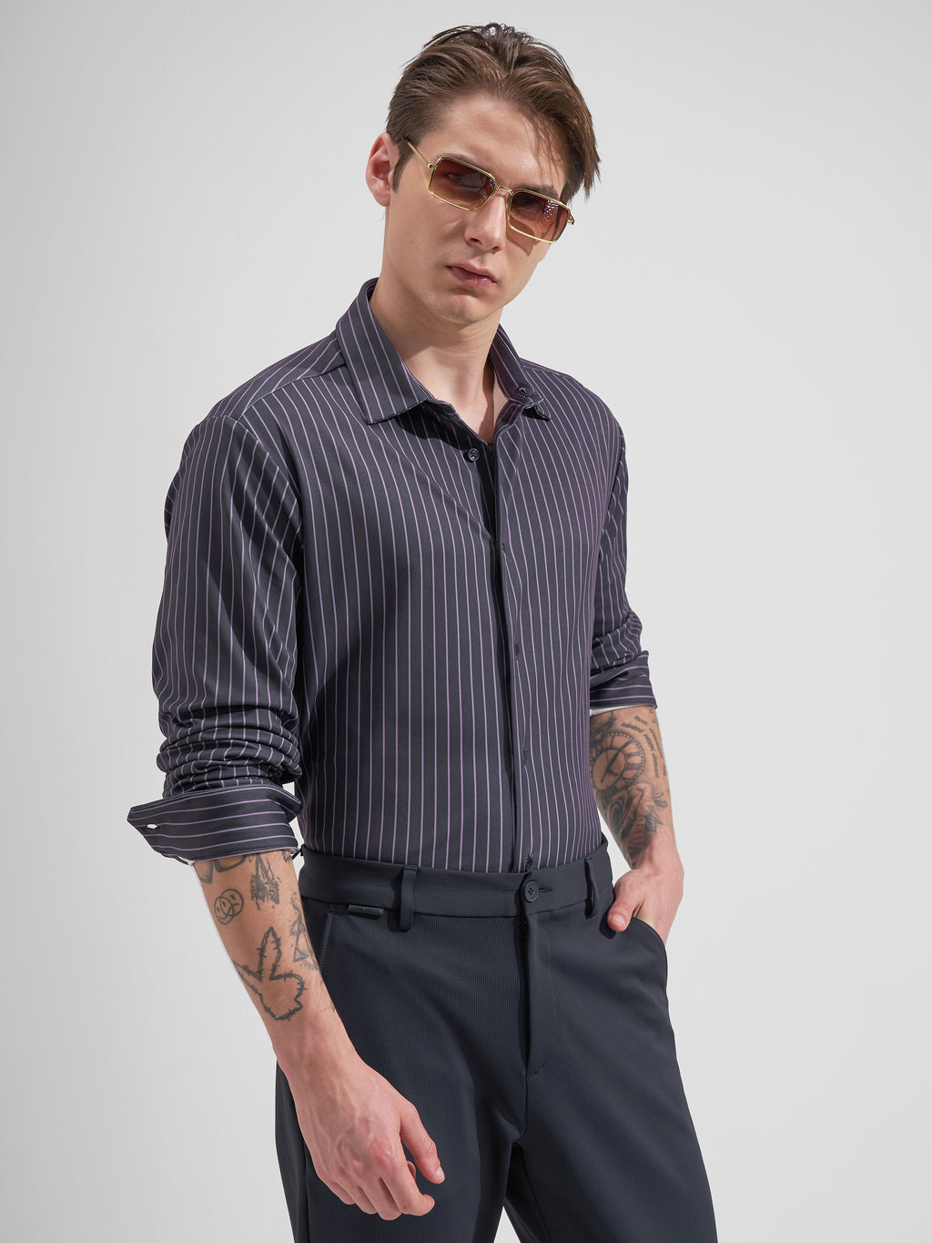 Highlander Men Purple Striped Slim Fit Casual Shirt